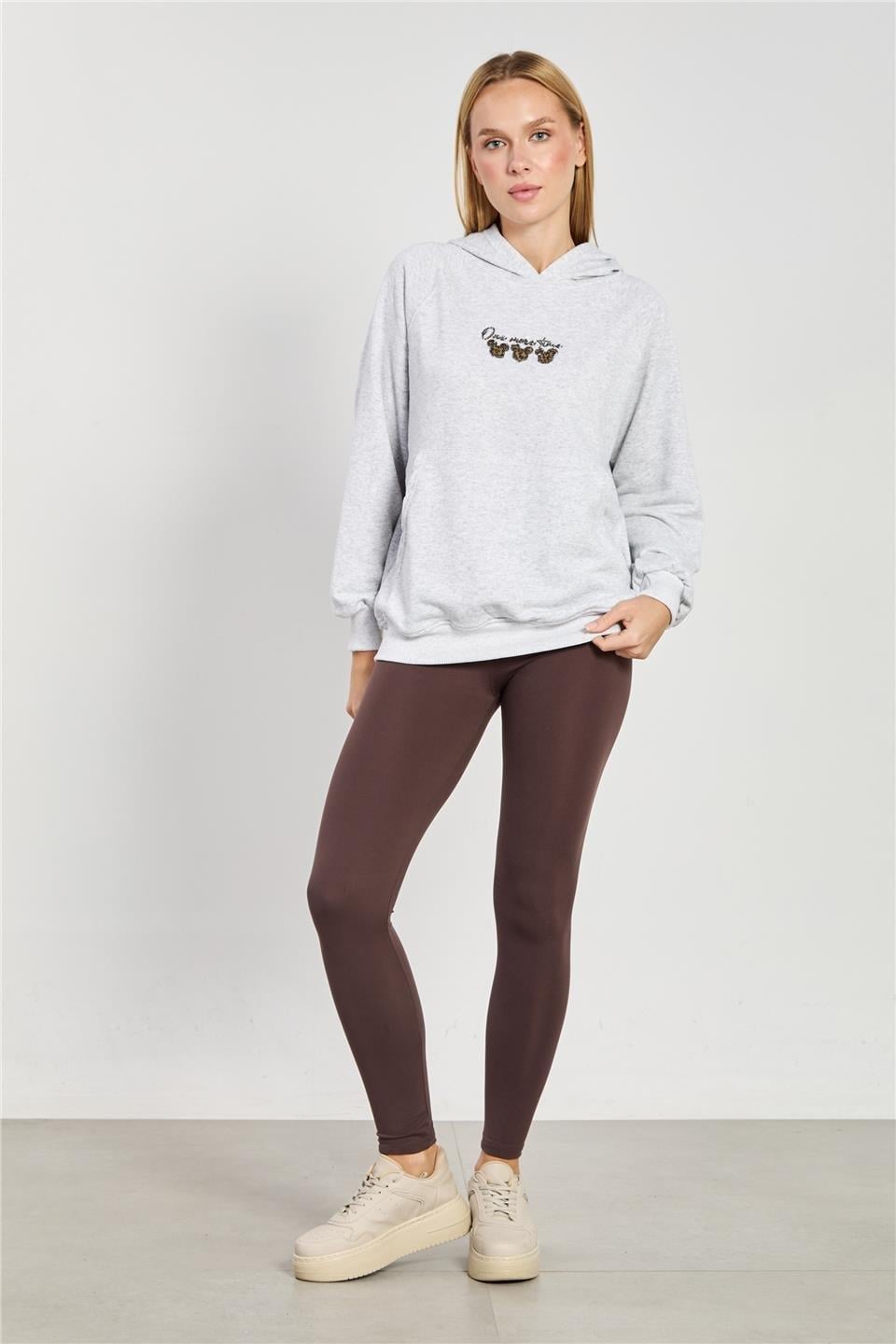 Önü boncuk baskılı kapüşonlu sweatshirt-DVN1276 - Kar Melanj