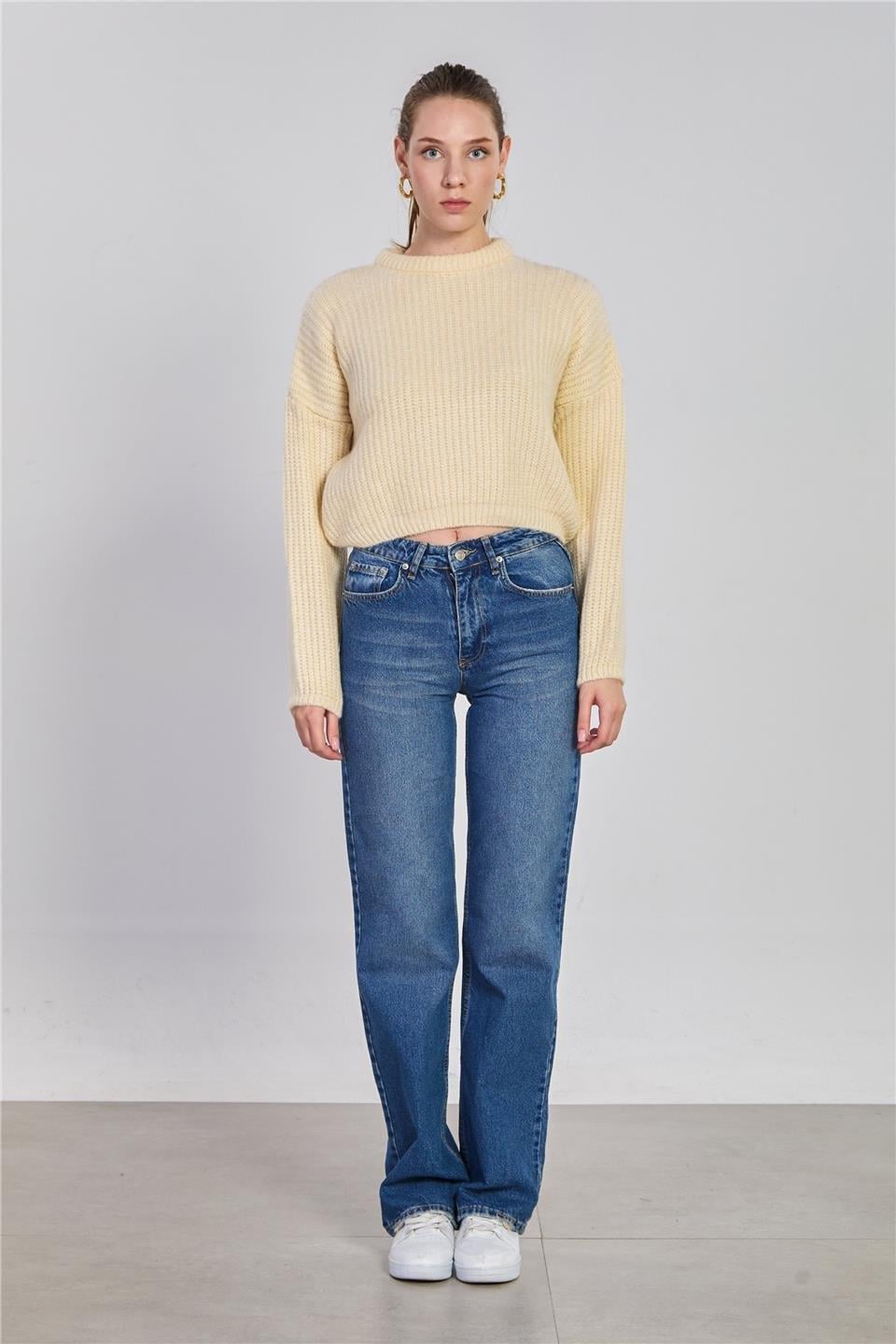 Örgülü crop kazak-6631 - Taş