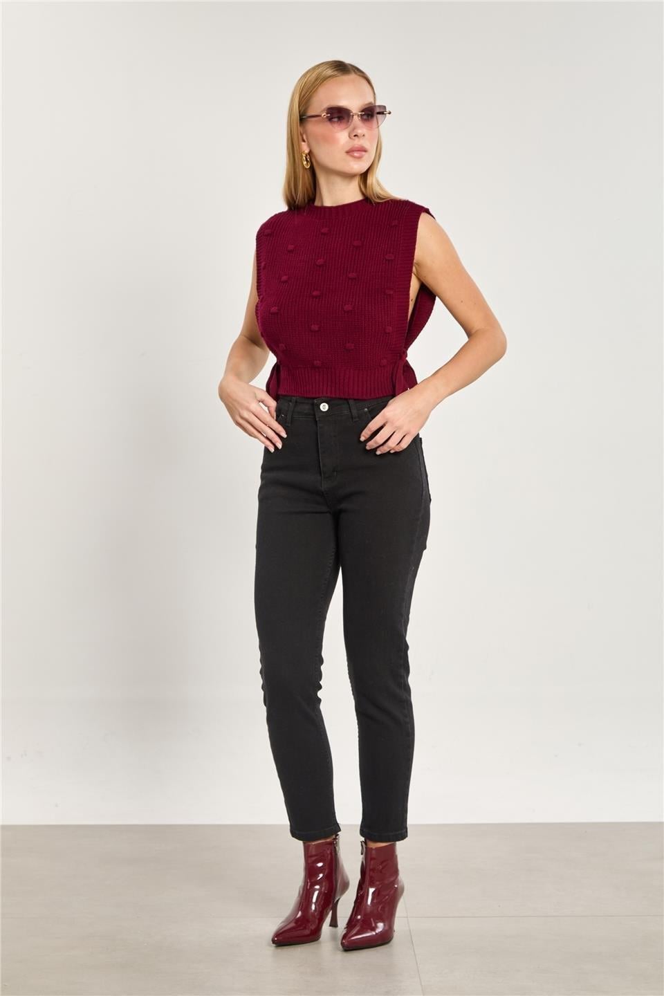 Ponpon detaylı bağlamalı süveter-6639 - Bordo