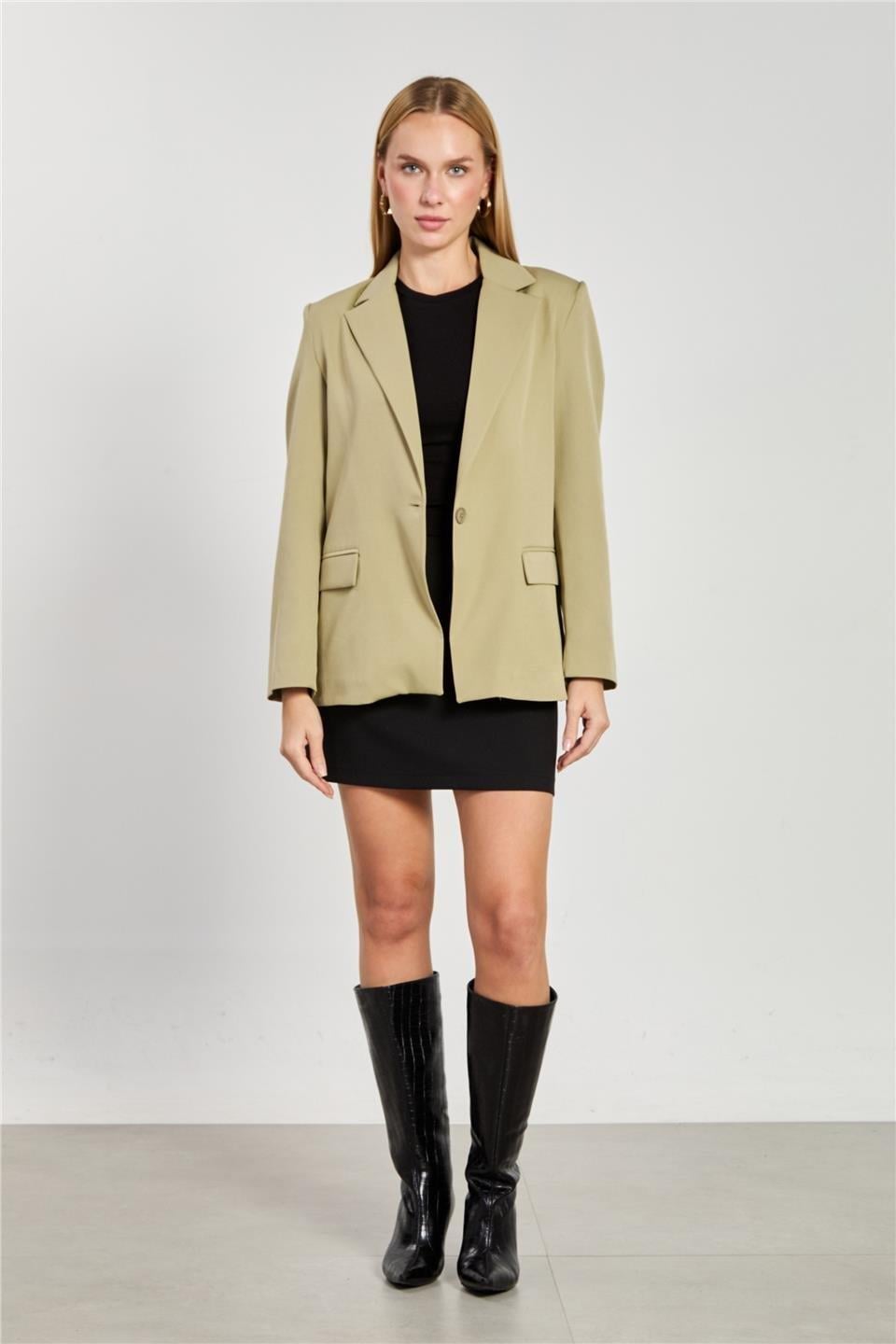 Tek düğmeli blazer ceket-2787 - Açık Haki