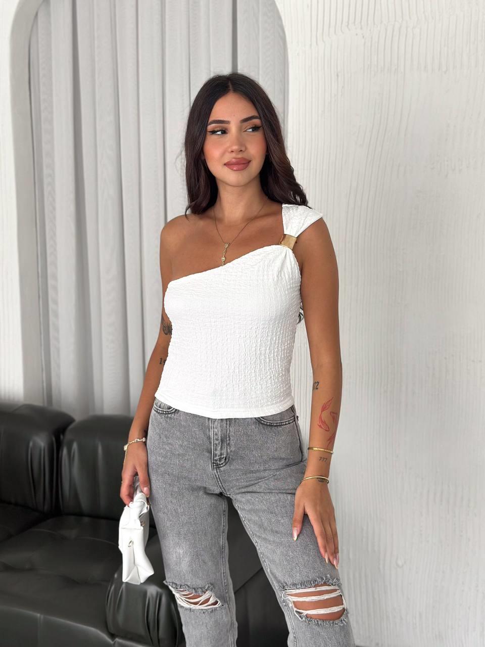TEK OMUZ METALLİ CROP-2074 - EKRU