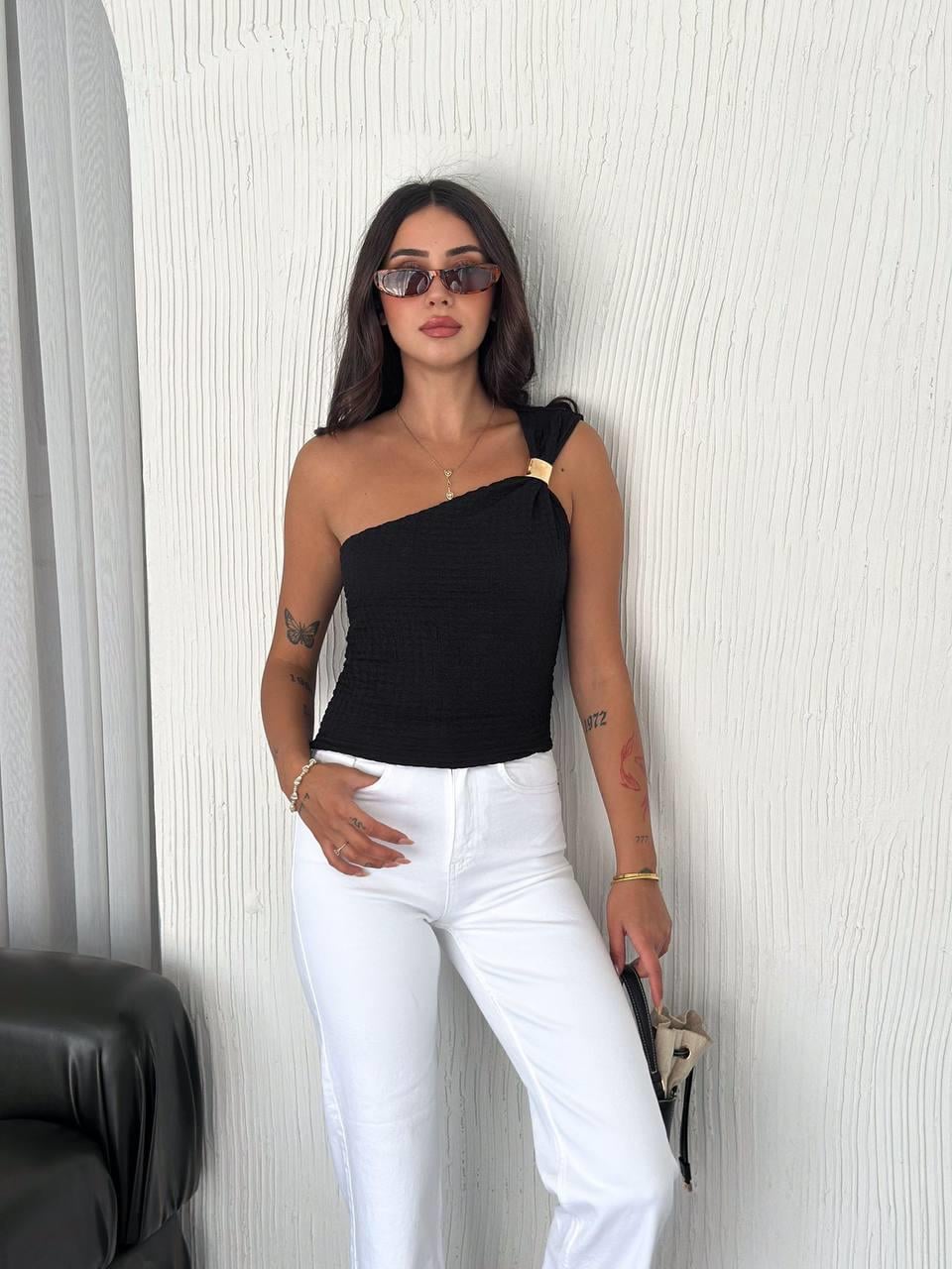 TEK OMUZ METALLİ CROP-2074 - SİYAH