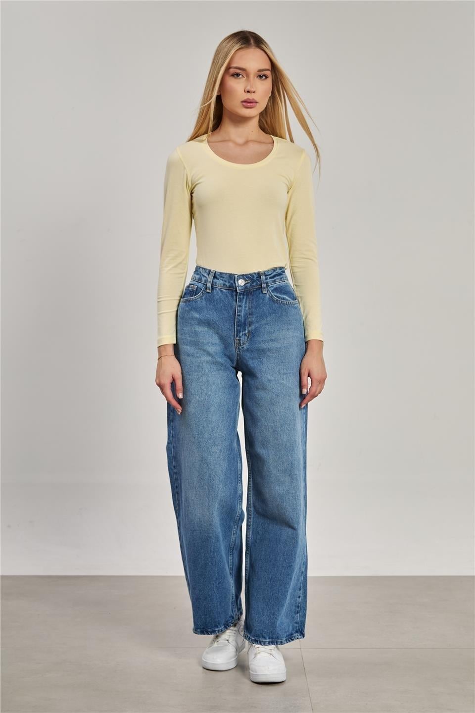 U yaka uzun kol body-K652 - Açık Sarı