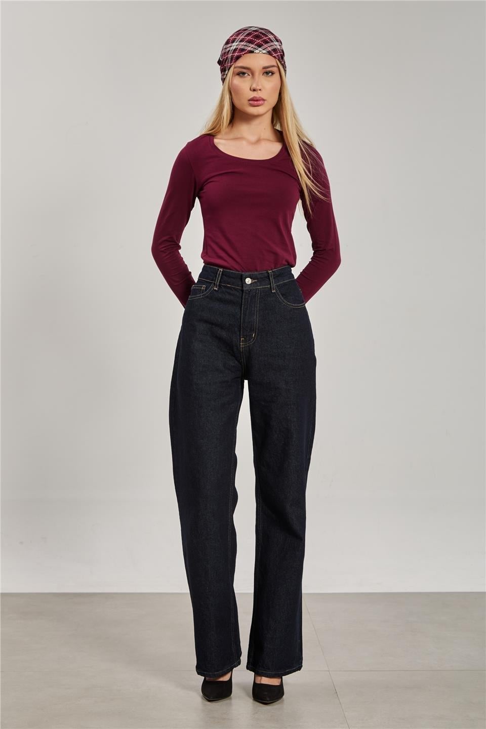 U yaka uzun kol body-K652 - Vişne