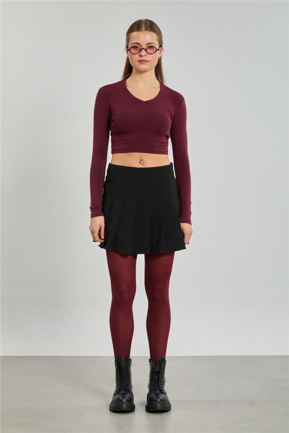 V yaka uzun kol body-4455 - Bordo
