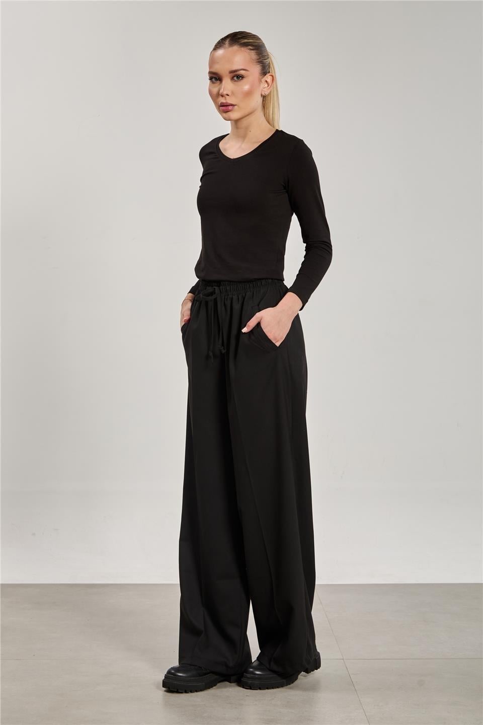 V yaka uzun kollu body-151 - Siyah