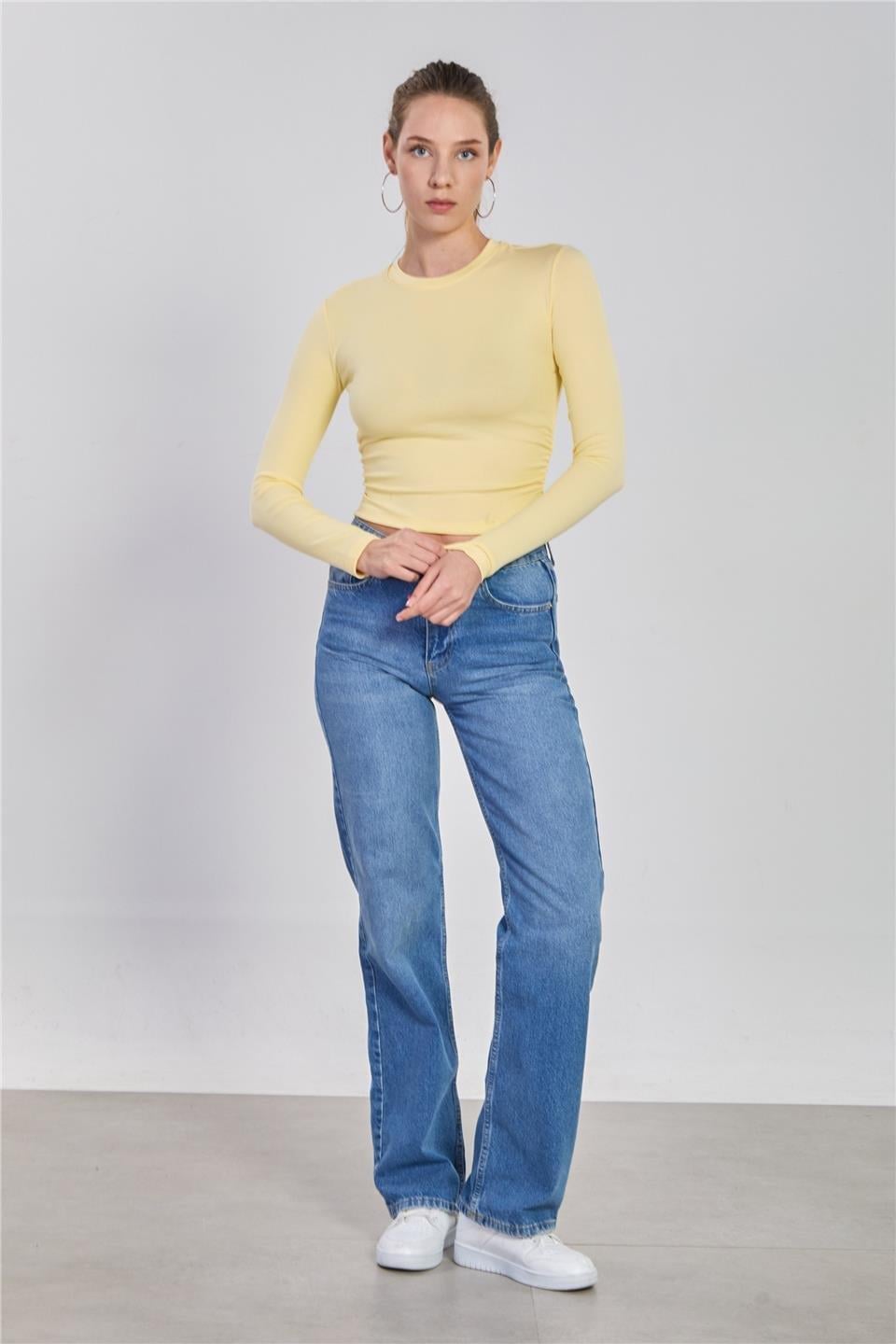Yanı büzgülü uzun kol body-4164 - Açık Sarı