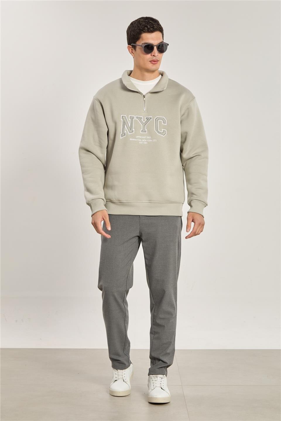 Yarım fermuarlı NYC sweatshirt-1161 - Gri Melanj