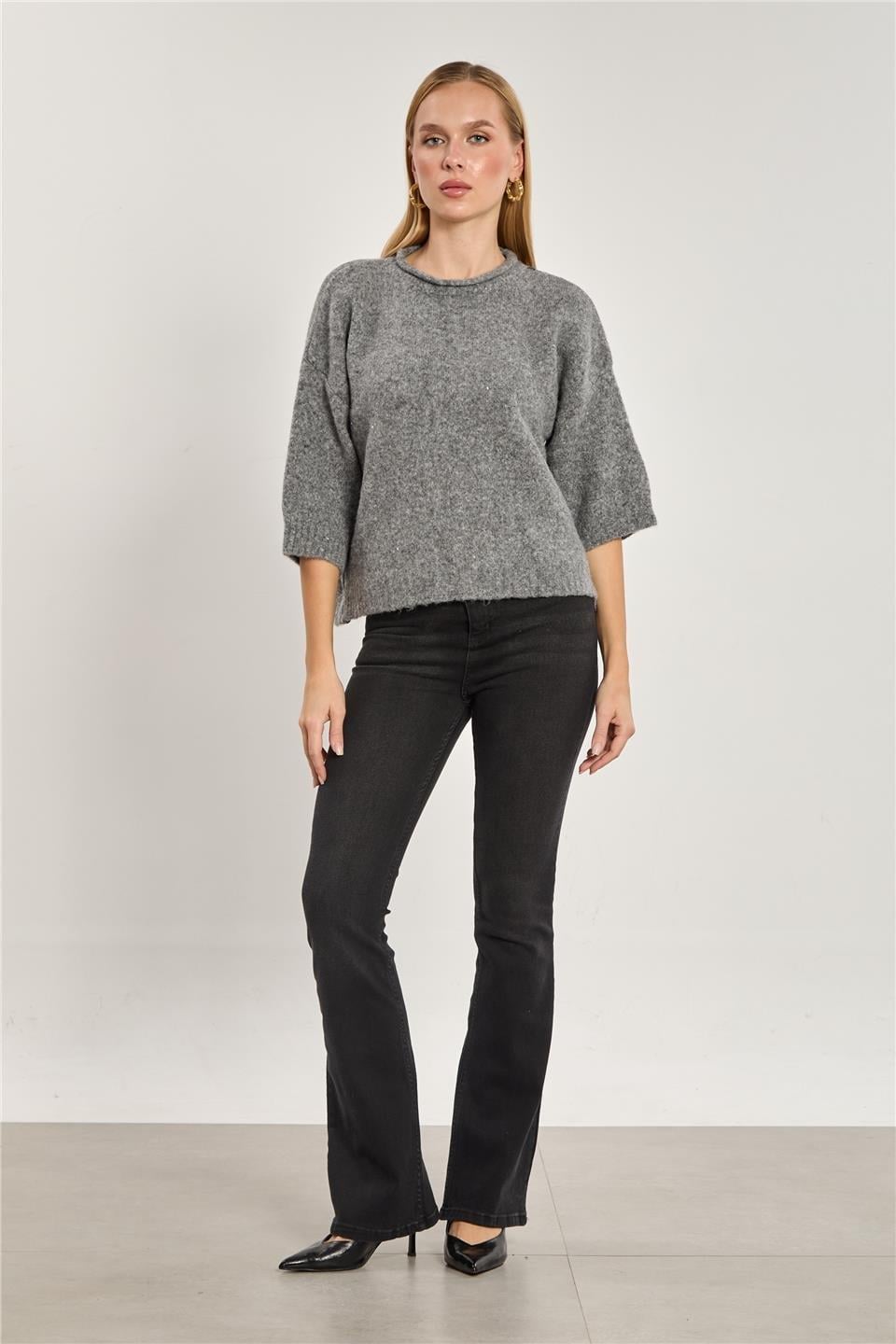 Yarım kol oversize triko kazak-K-166-1 - Koyu Gri