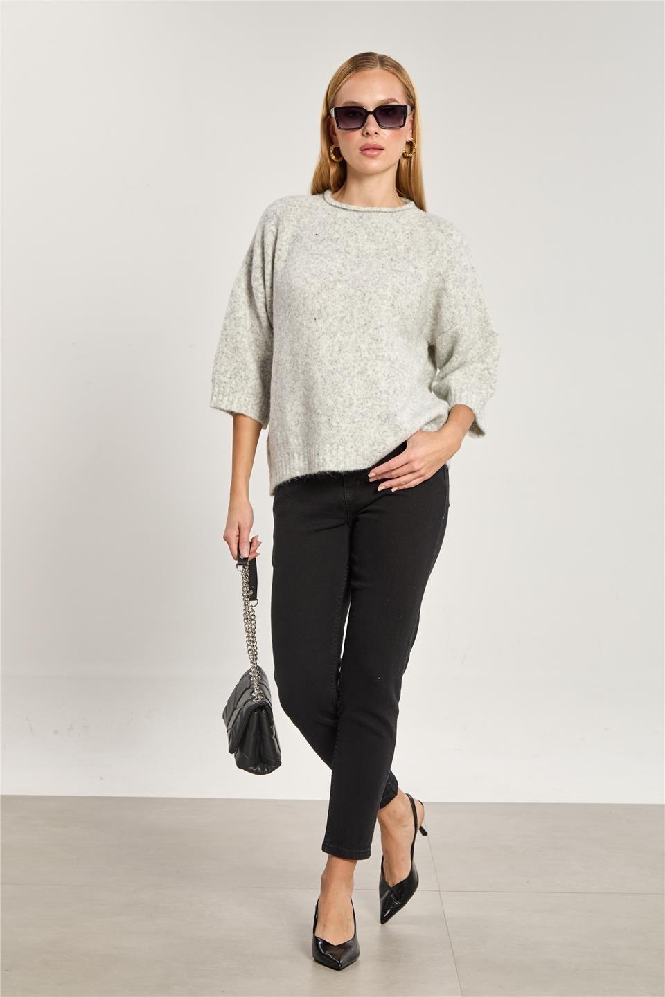 Yarım kol oversize triko kazak-K-166-1 - Açık Gri