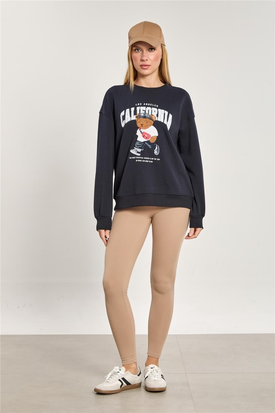Ayı baskılı oversize sweatshirt-10418 - Lacivert