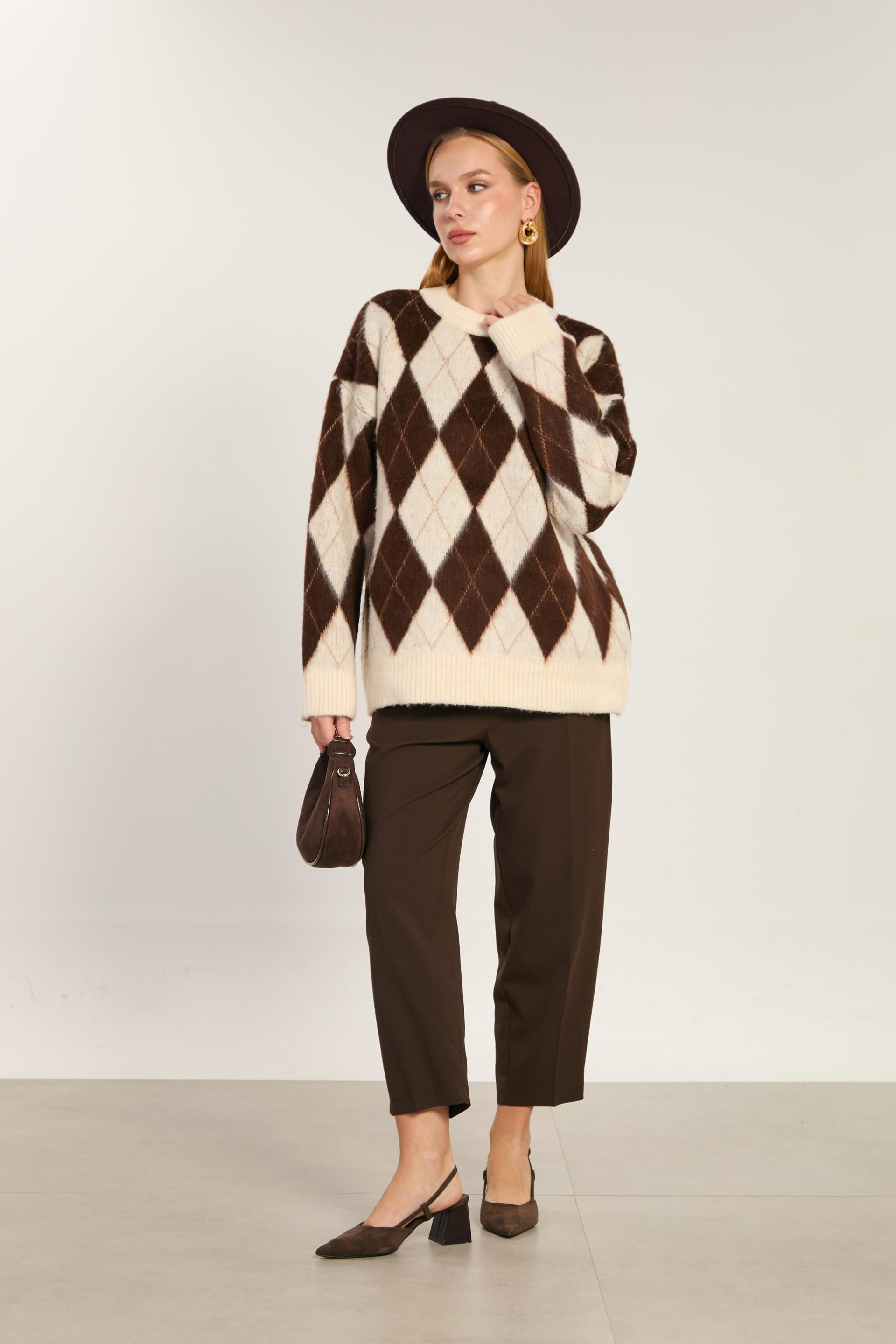 Baklava desenli oversize triko-6659 - Taş/Kahve