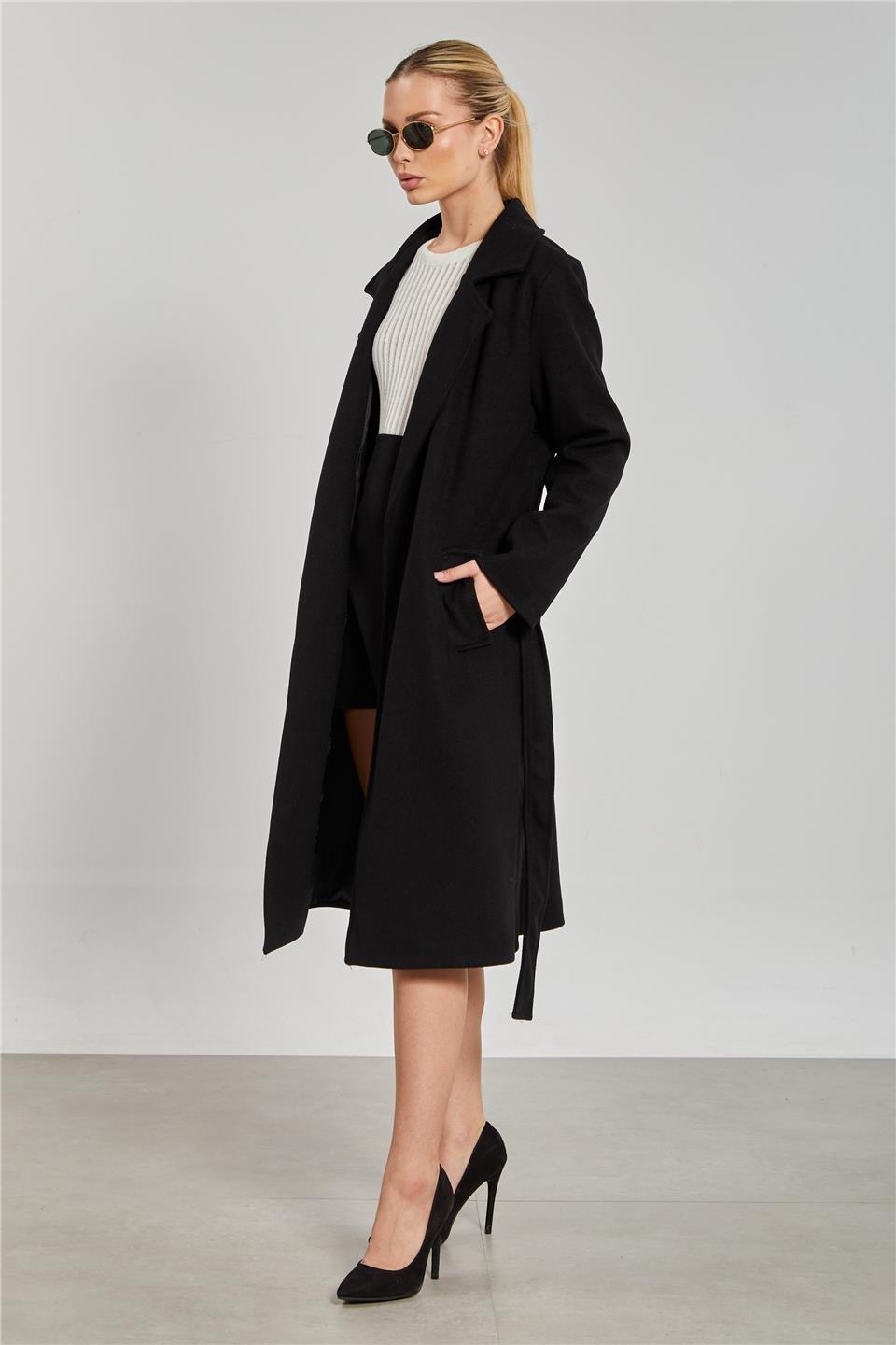 Beli kuşaklı regular fit kaşe kaban-6637 - Siyah