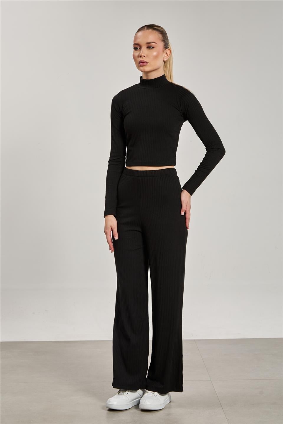 Beli lastikli fitilli bol pantolon-609-21 - Siyah
