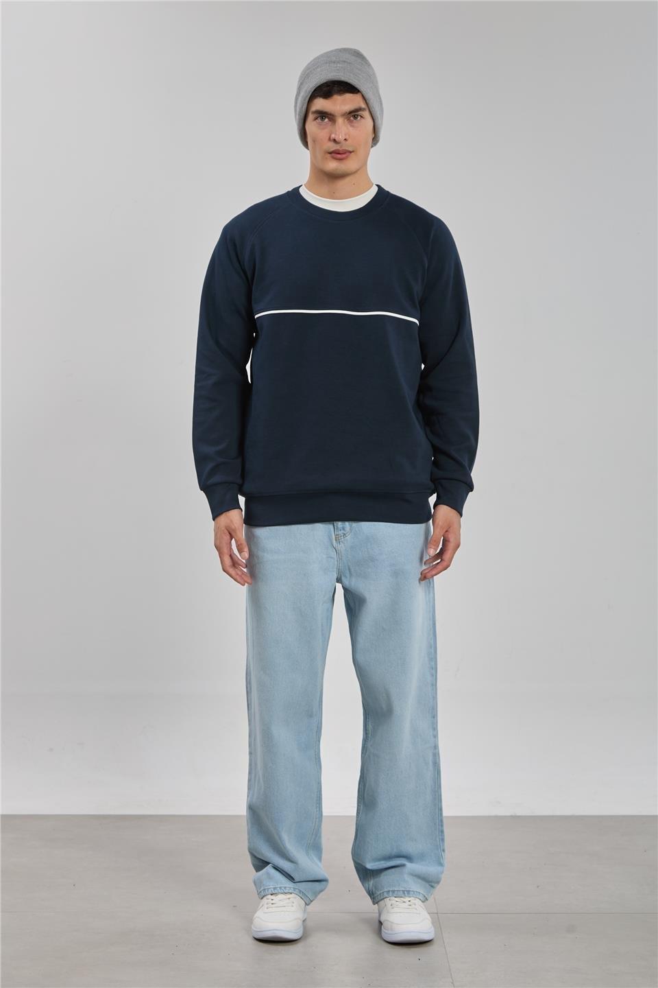 Bisiklet yaka biyeli reglon kol sweatshirt-1227 - Lacivert