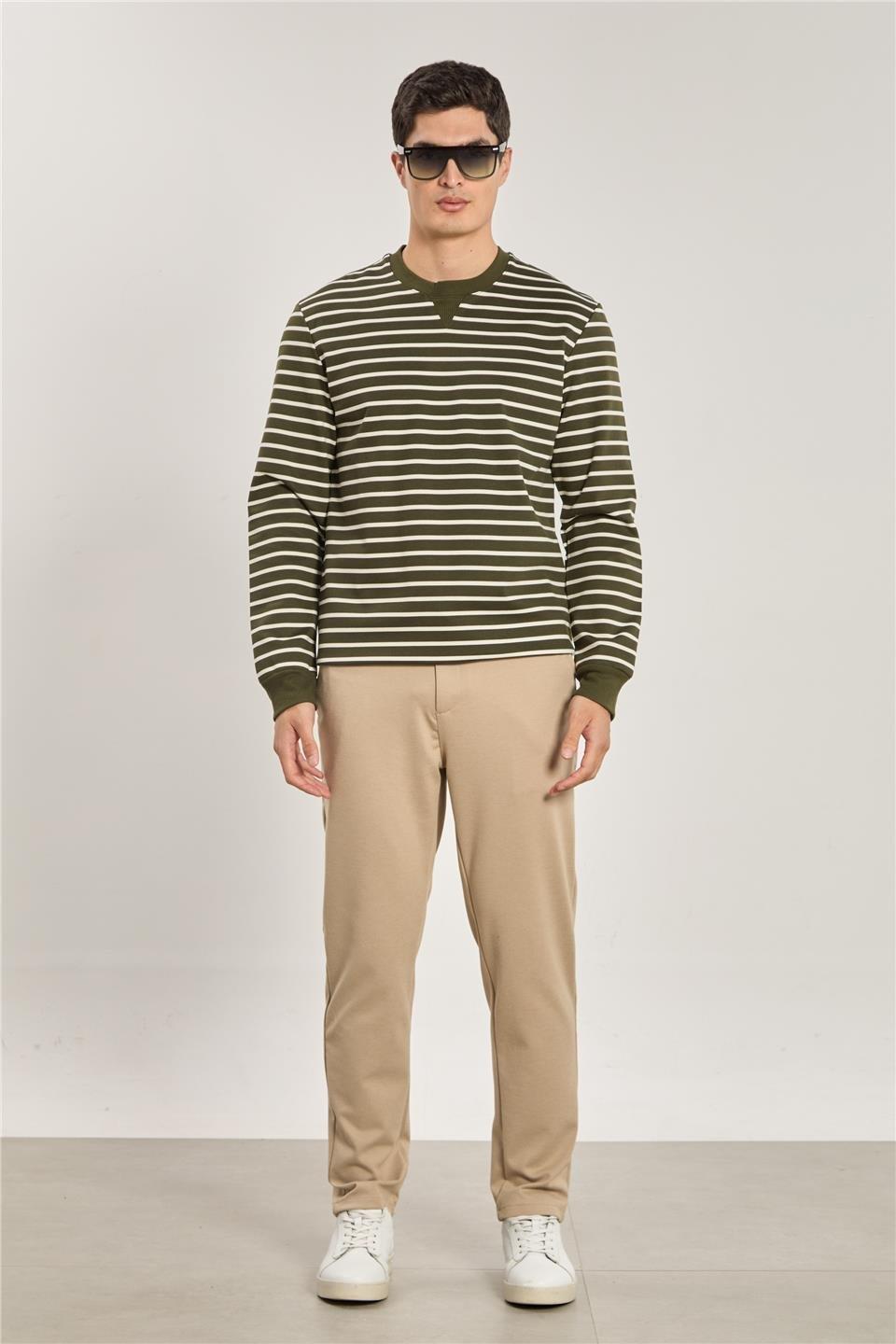 Bisiklet yaka çizgili sweat-6498AX - Haki/Beyaz