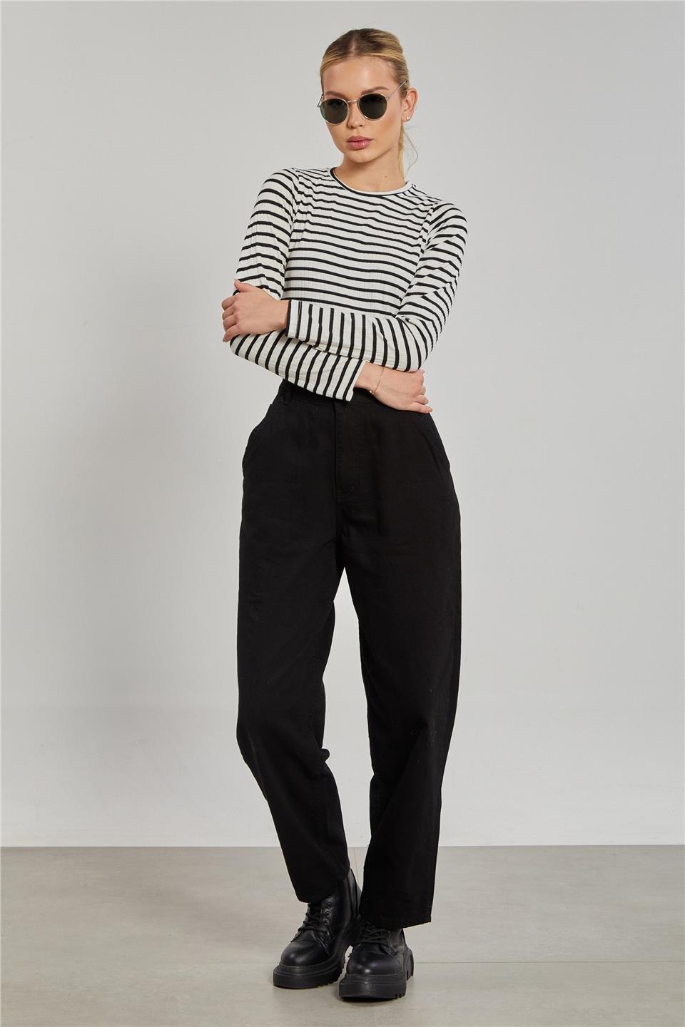 Bisiklet yaka çizgili uzun kol crop body-608-21 - Beyaz