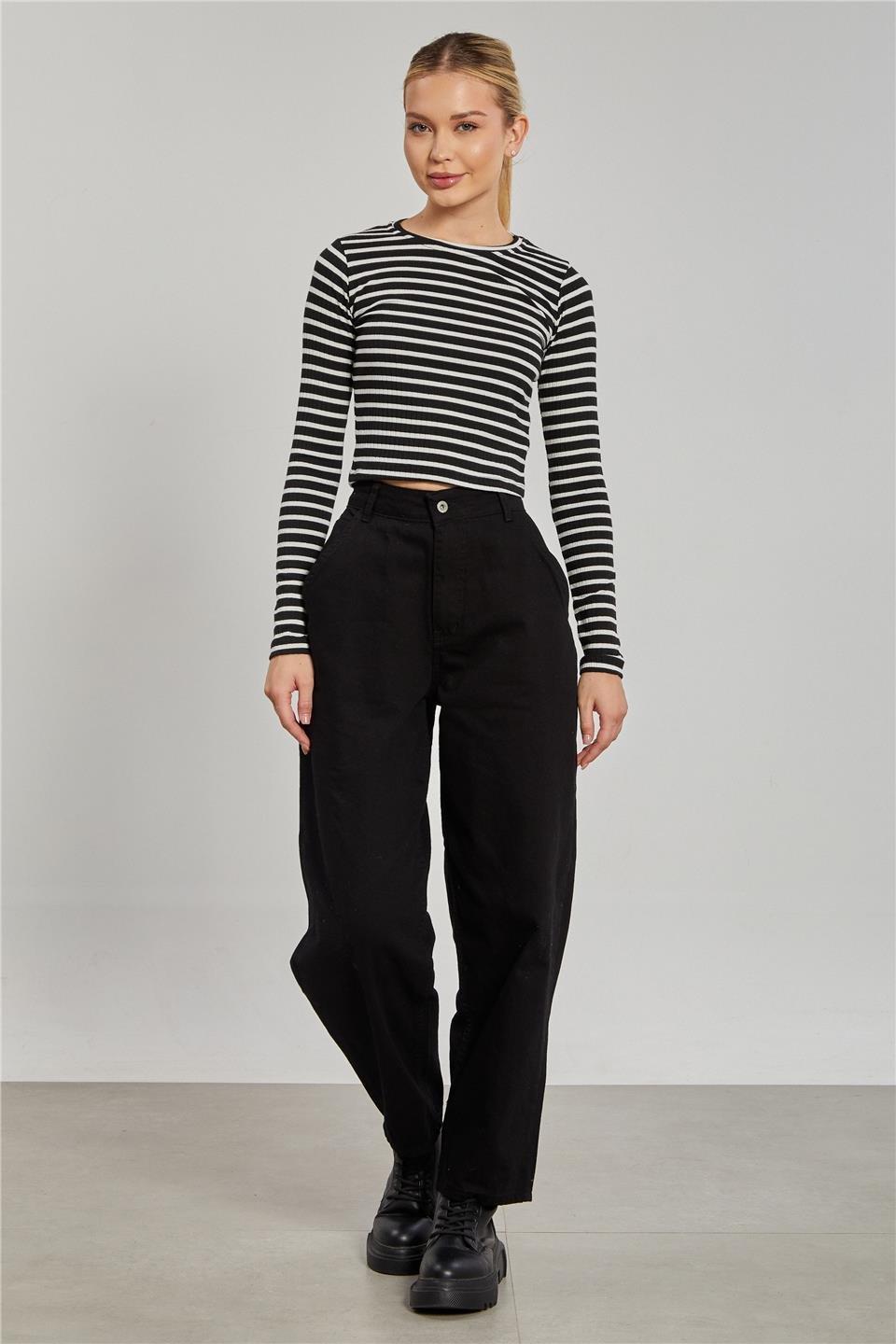 Bisiklet yaka çizgili uzun kol crop body-608-21 - Siyah