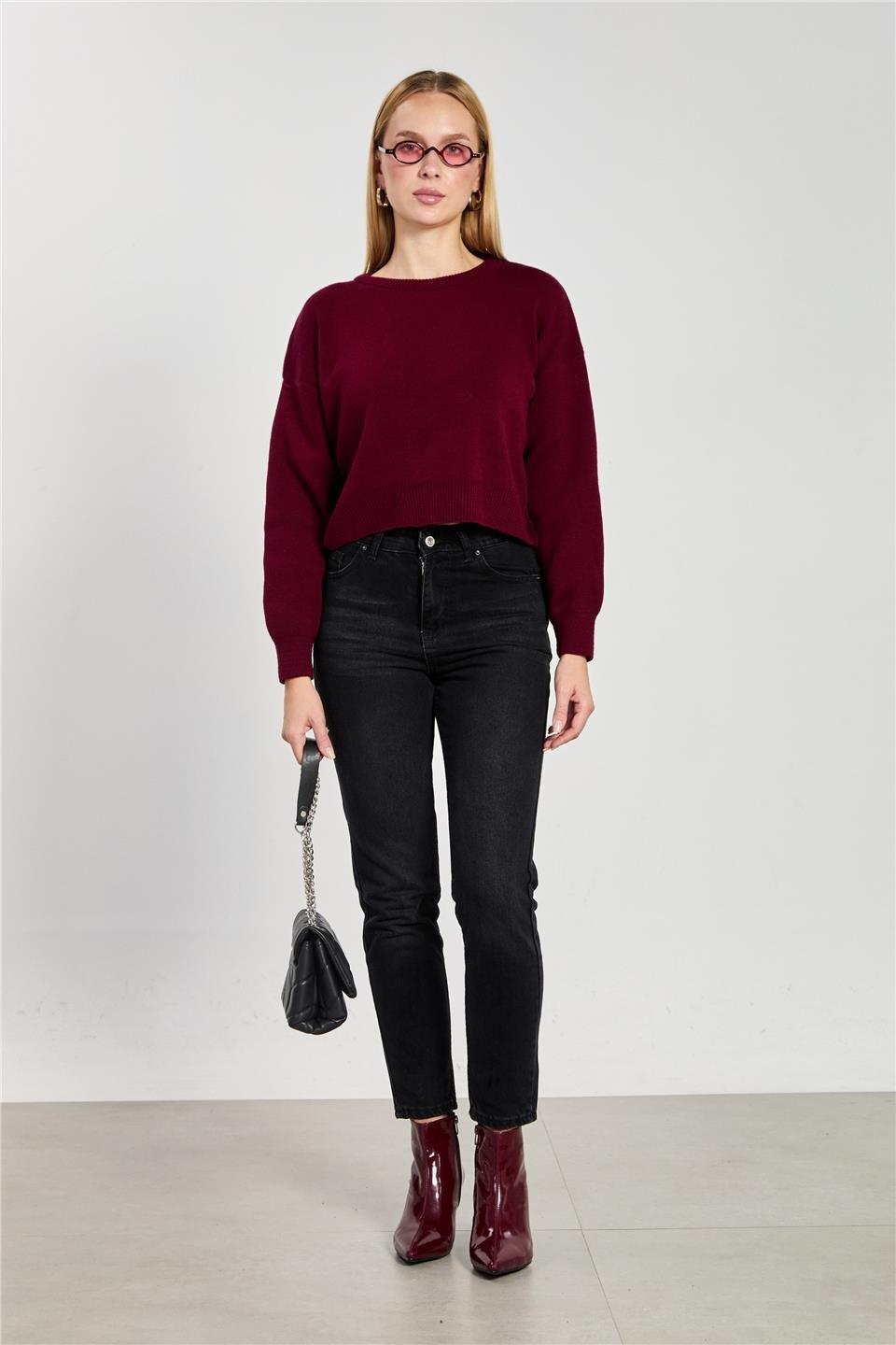 Bisiklet yaka crop kazak-1795 - Bordo