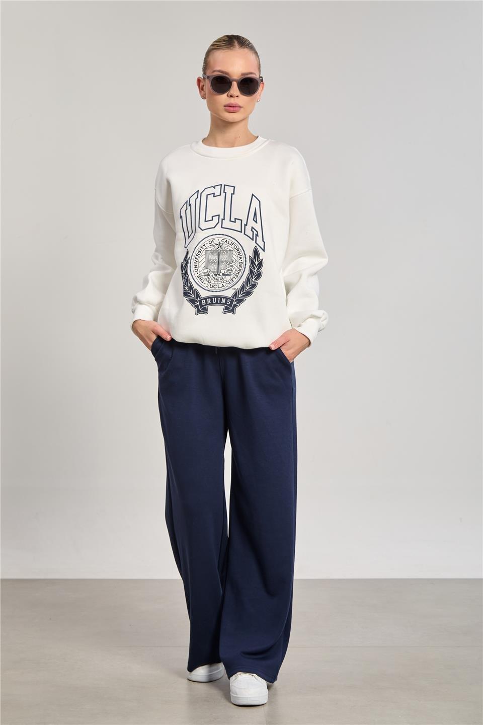 Bisiklet yaka oversize ucla sweatshirt-DVN0829 - Ekru