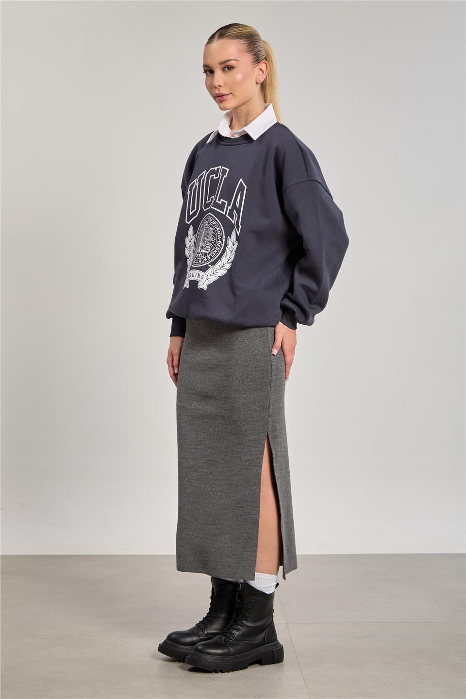 Bisiklet yaka oversize ucla sweatshirt-DVN0829 - Antrasit