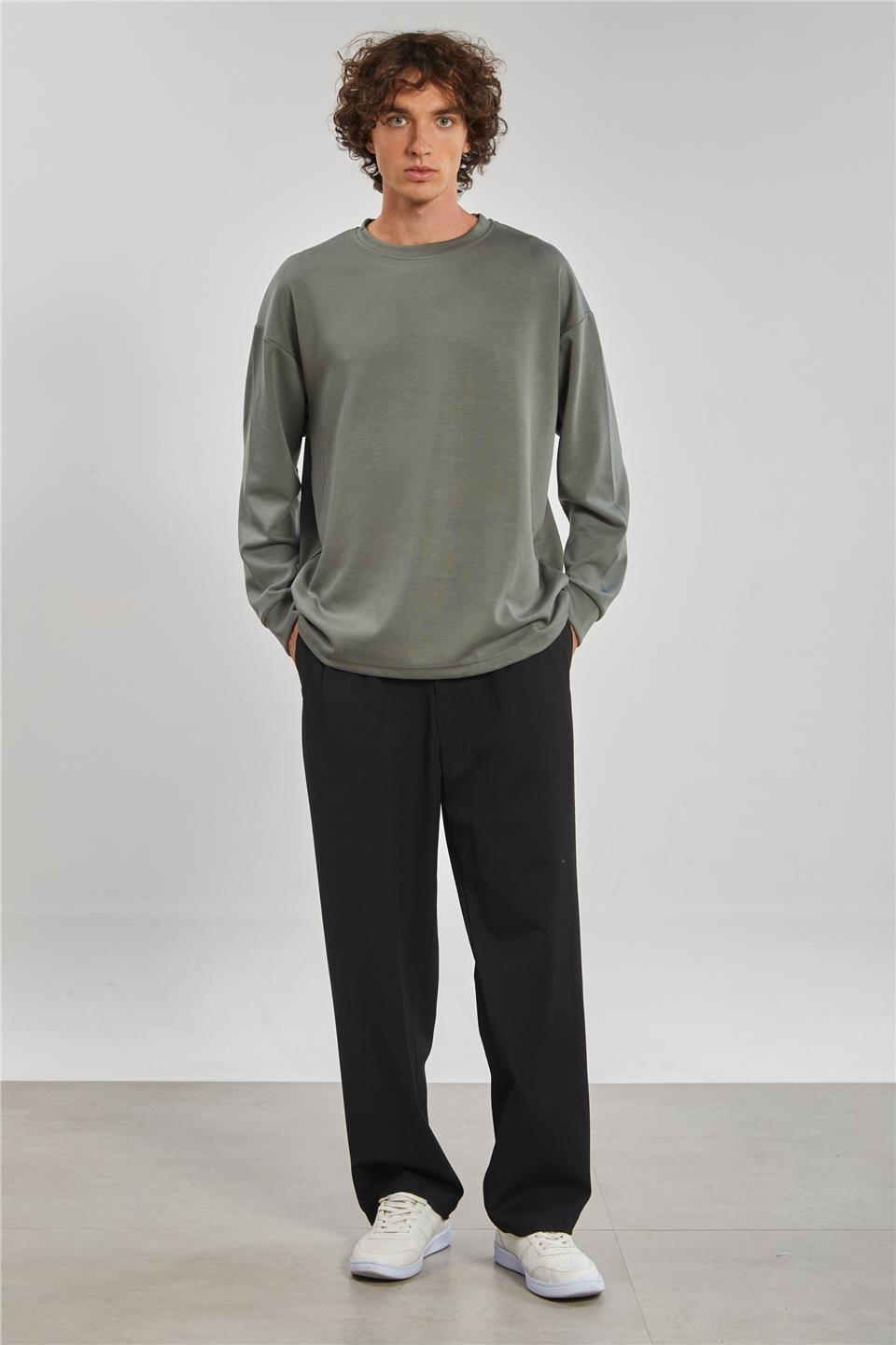 Bisiklet yaka sweatshirt-9057 - Açık Haki