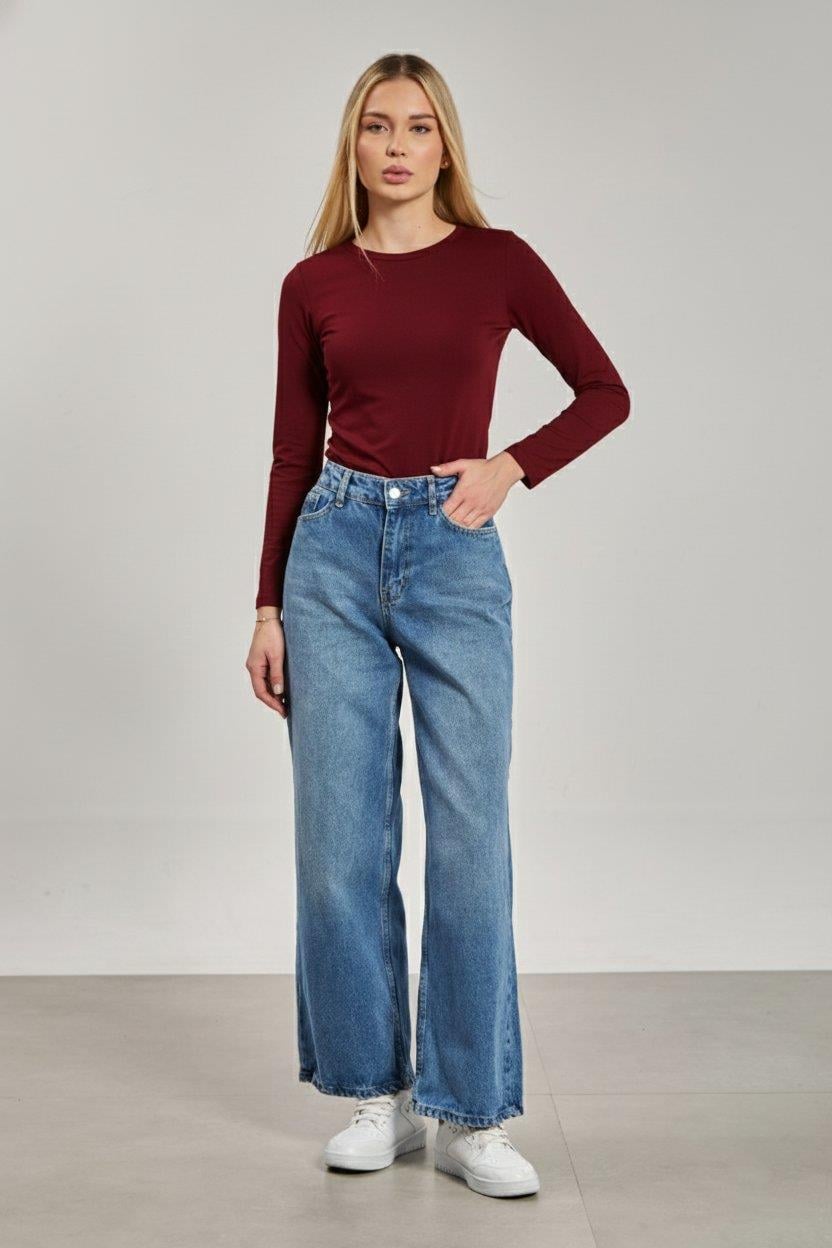Bisiklet yaka uzun kollu body-150 - Vişne