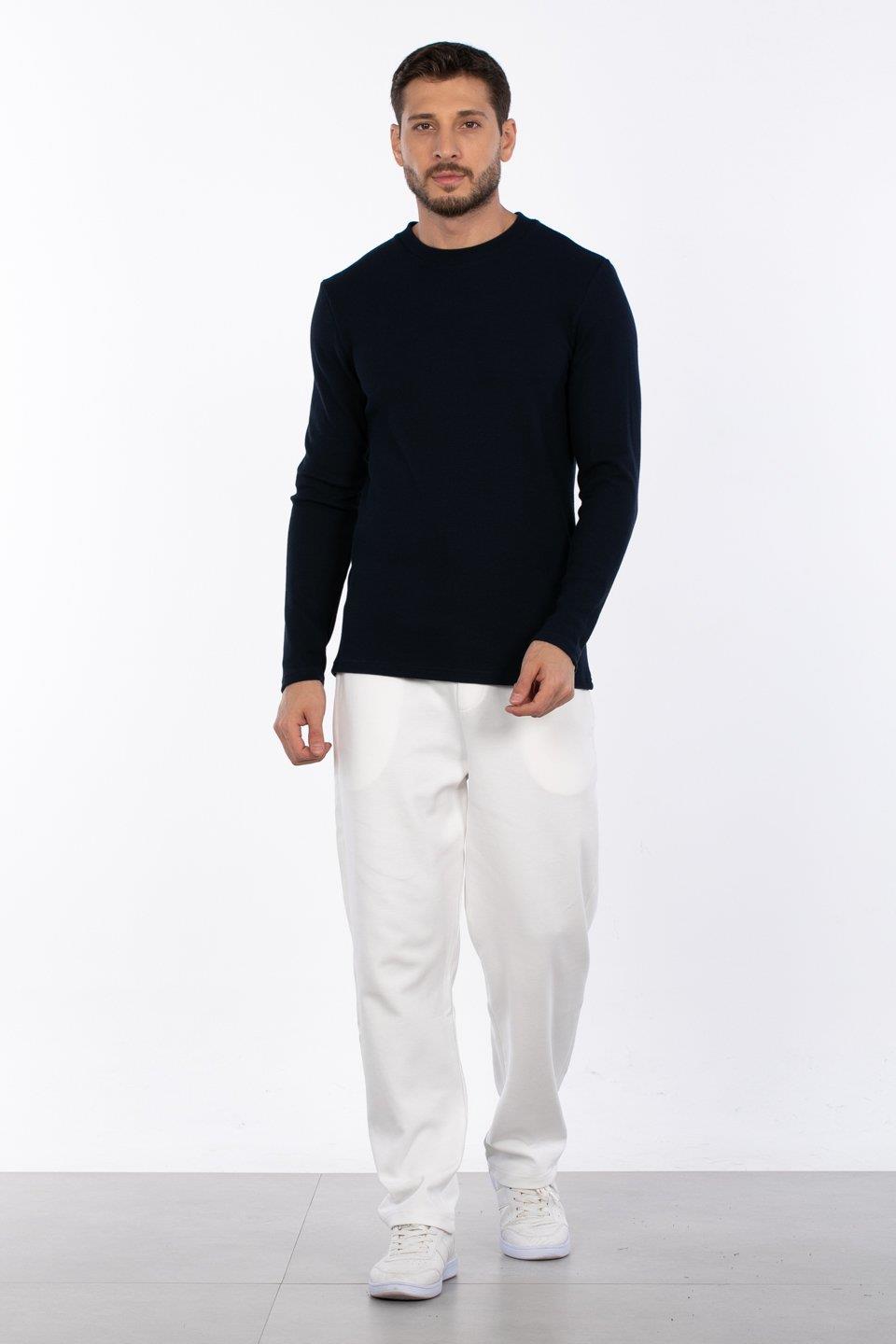 Bisiklet yaka waffal sweat-5073-2 - İndigo