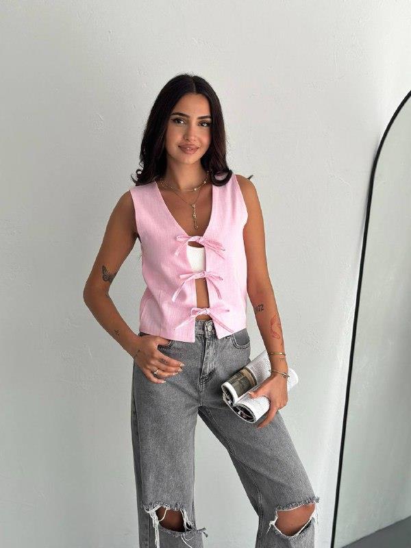 BİYELİ SIFIR KOL YELEK-2085 - PEMBE