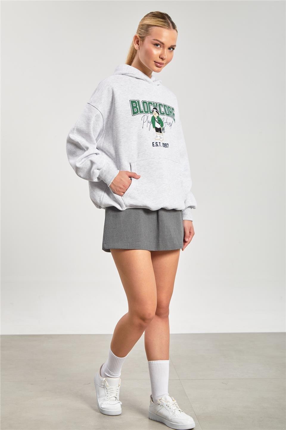 Blockcore baskılı ayıcıklı sweatshirt-DVN0807 - Kar Melanj