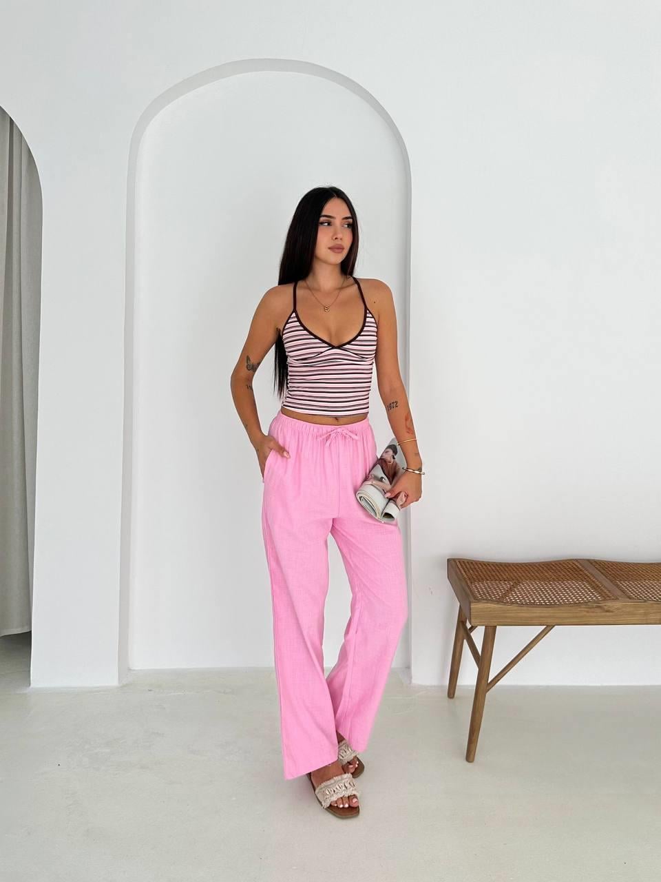 CEPLİ KETEN PANTOLON-2198 - PEMBE