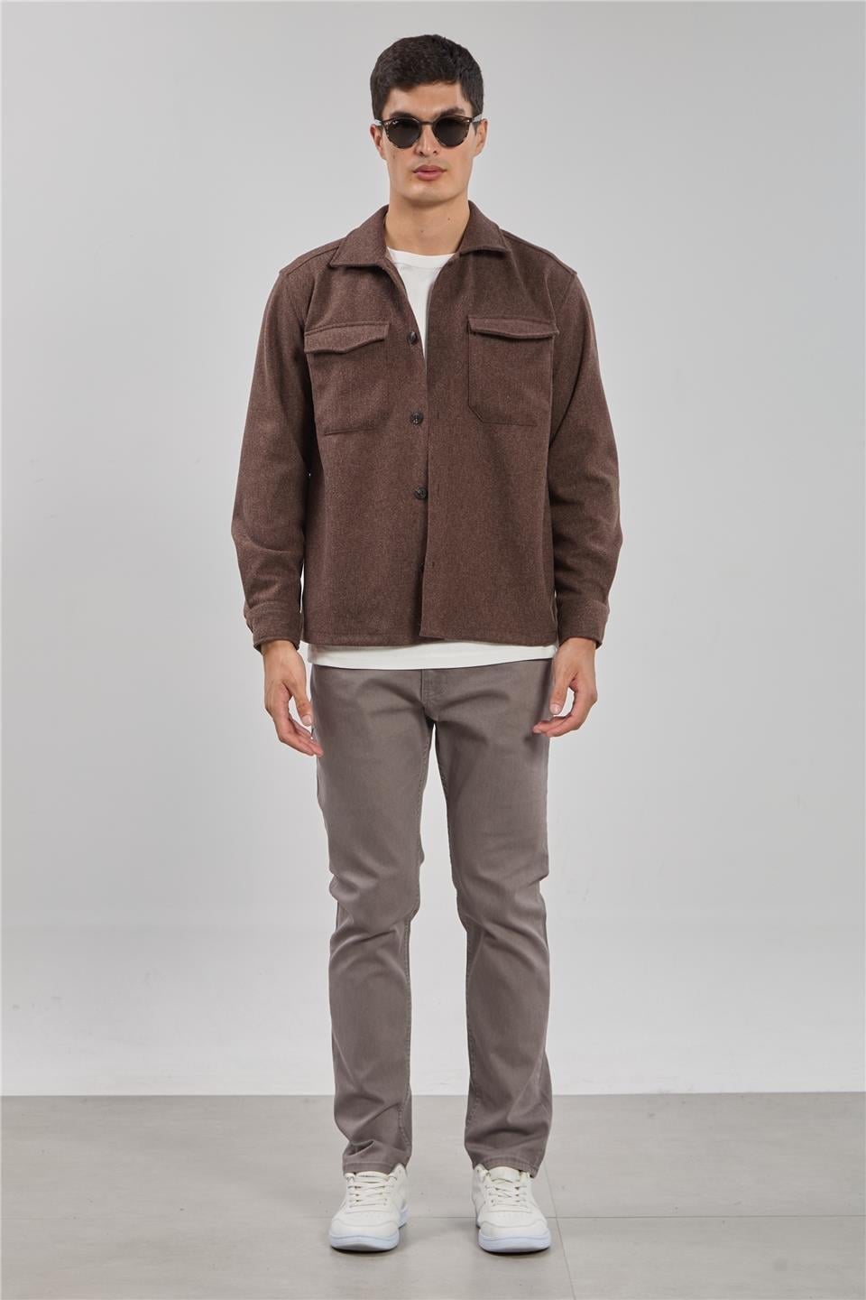 Çift cep kaşe ceket-1191 - Kahve