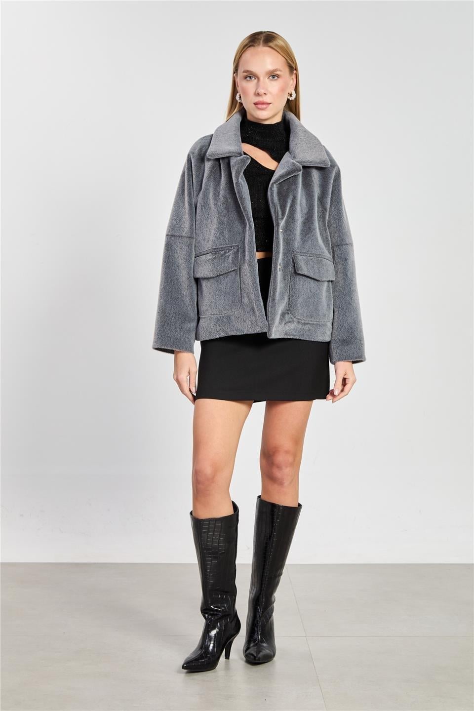 Çift cep oversize kısa kaşe ceket-2731 - Füme