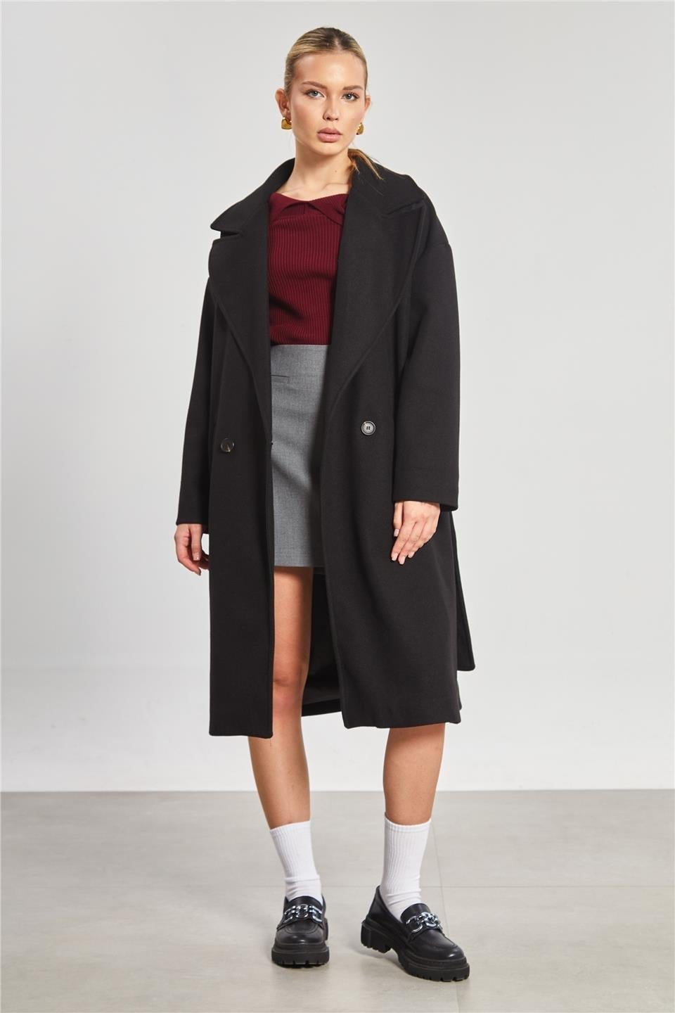 Çift düğmeli oversize kaşe kaban-2498 - Siyah