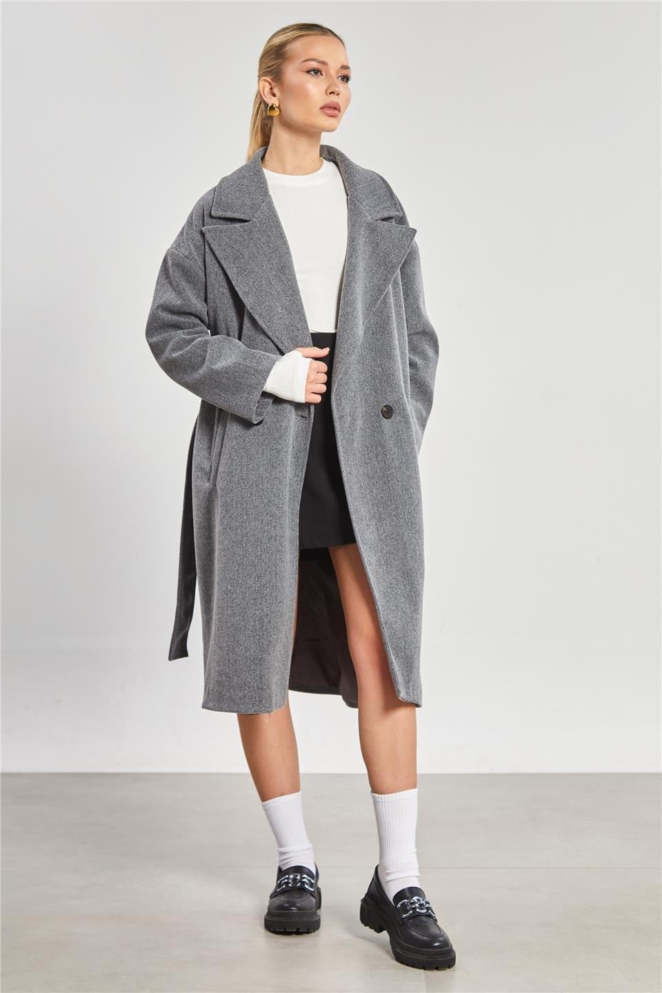 Çift düğmeli oversize kaşe kaban-2498 - Gri