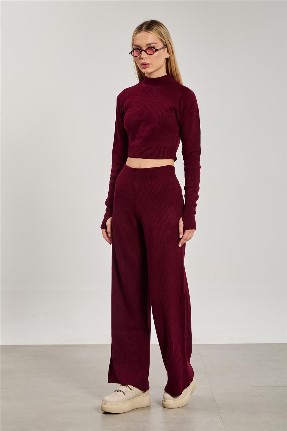 Crop kazak pantolon ikili takım-6478 - Bordo