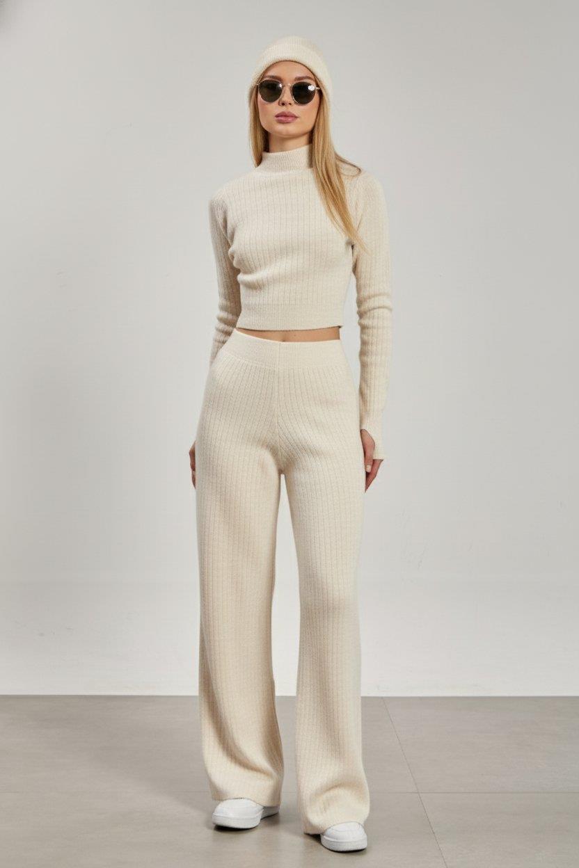 Crop kazak pantolon ikili takım-6478 - Taş