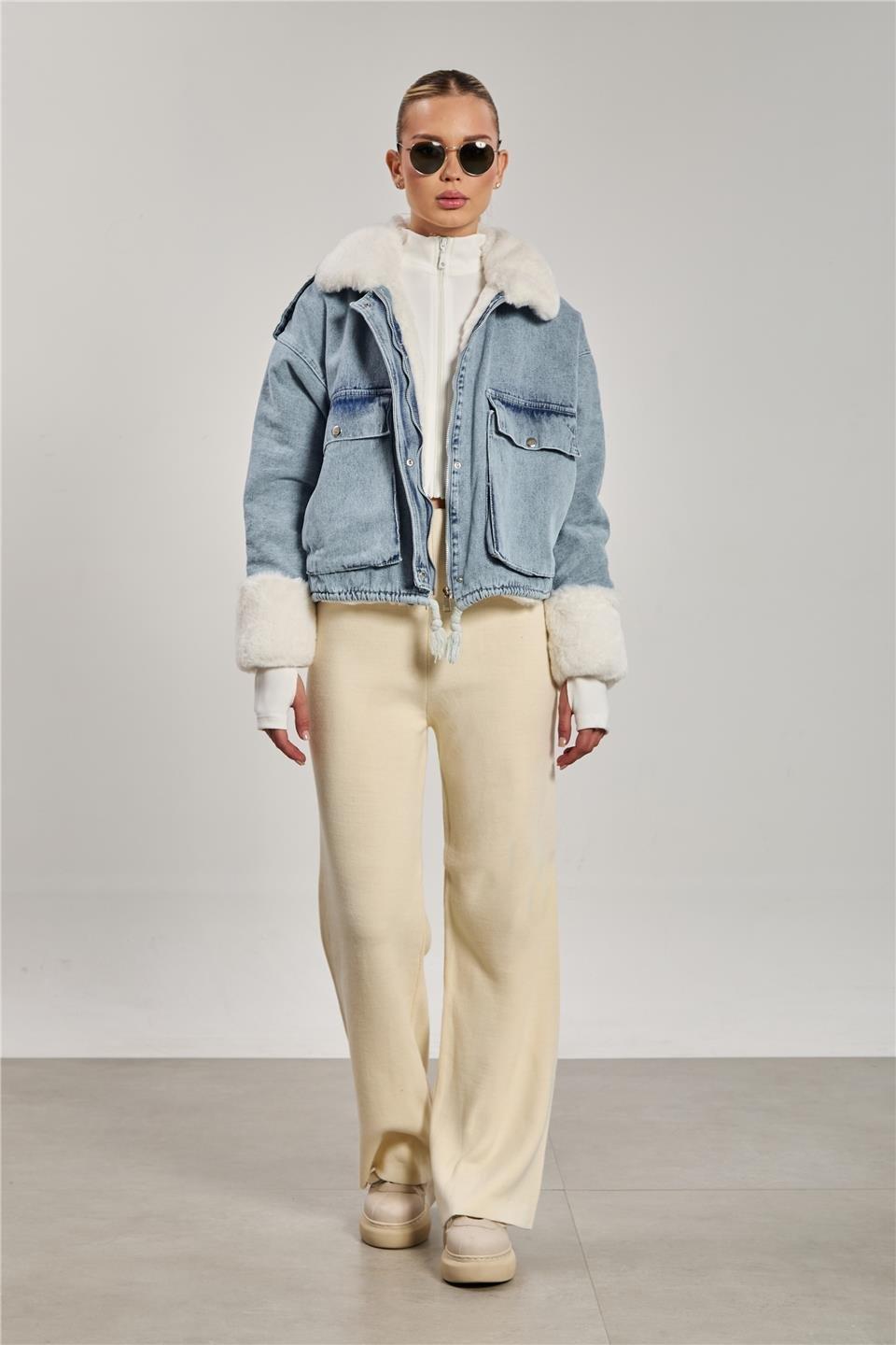 Denim içi kürk detaylı mont-2241 - Ekru