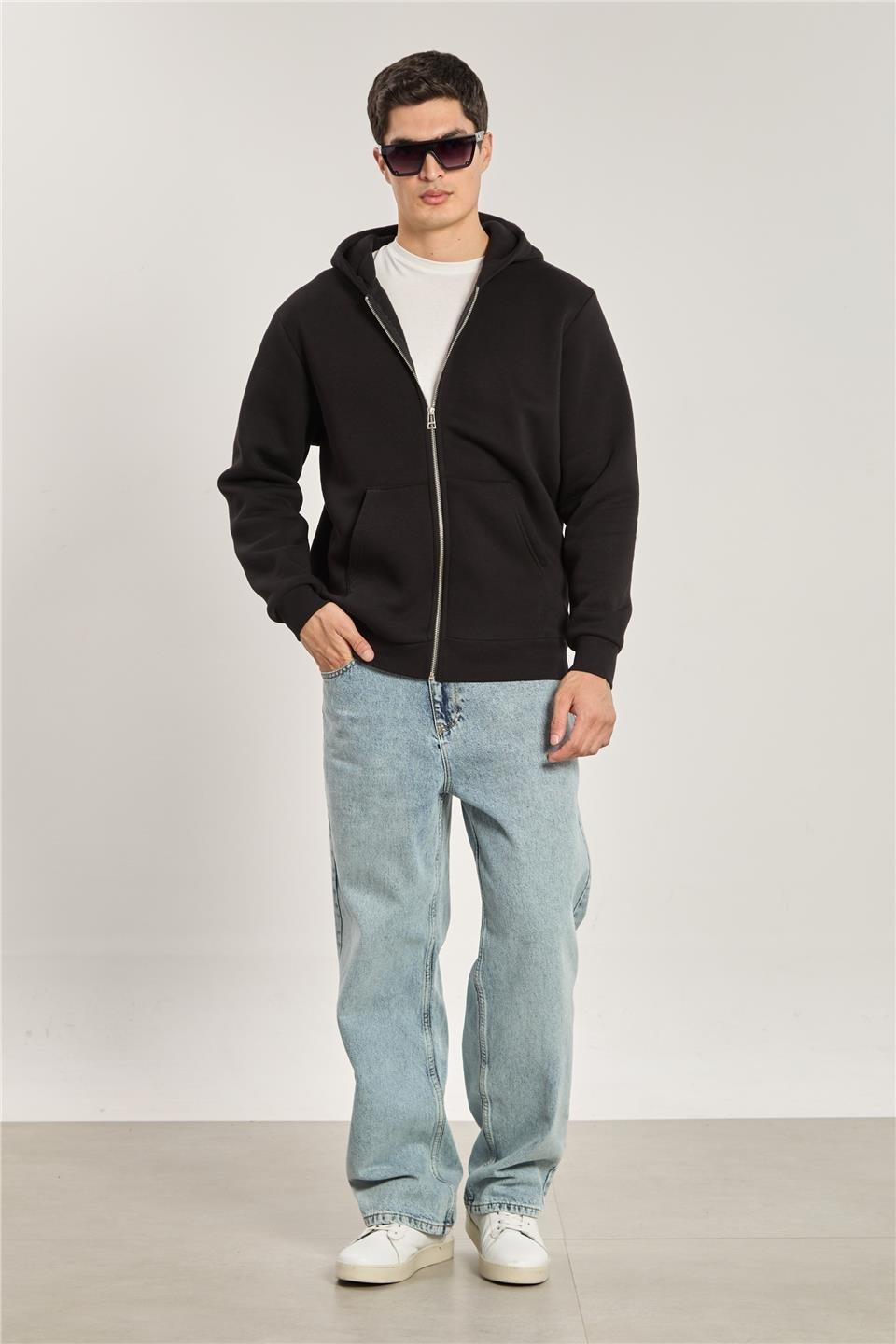Fermuarlı kapüşonlu sweatshirt-5487 - Siyah