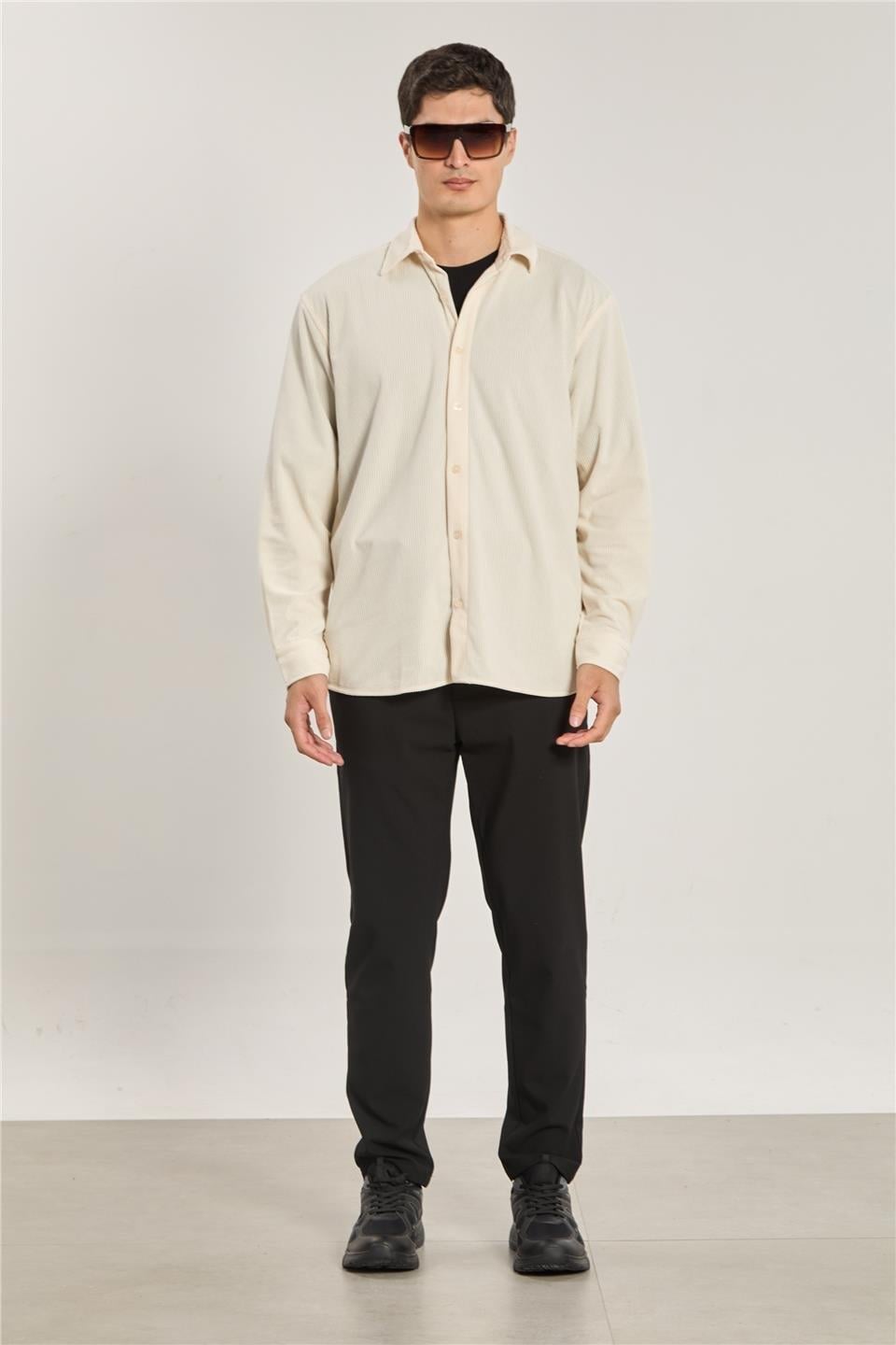 Fitilli kadife gömlek-1189 - Ekru