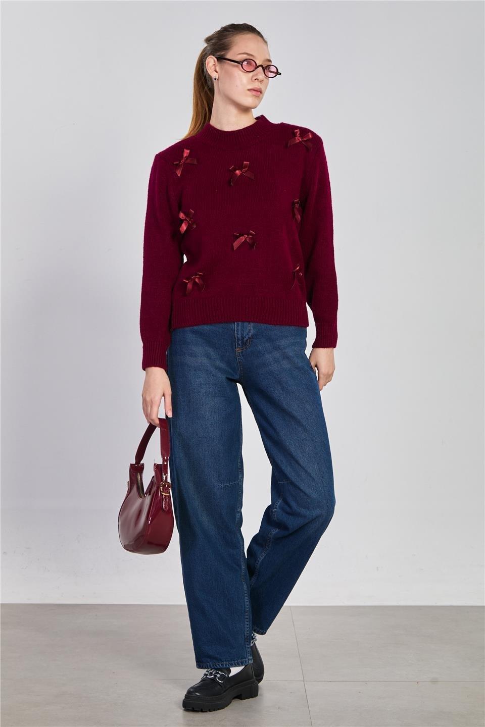 Fiyonklu triko kazak-5045 - Bordo