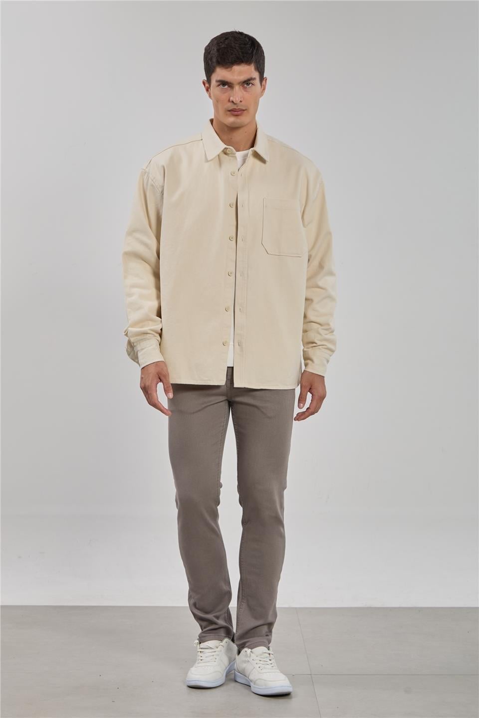 Gabardin uzun kol gömlek-9059 - Ekru