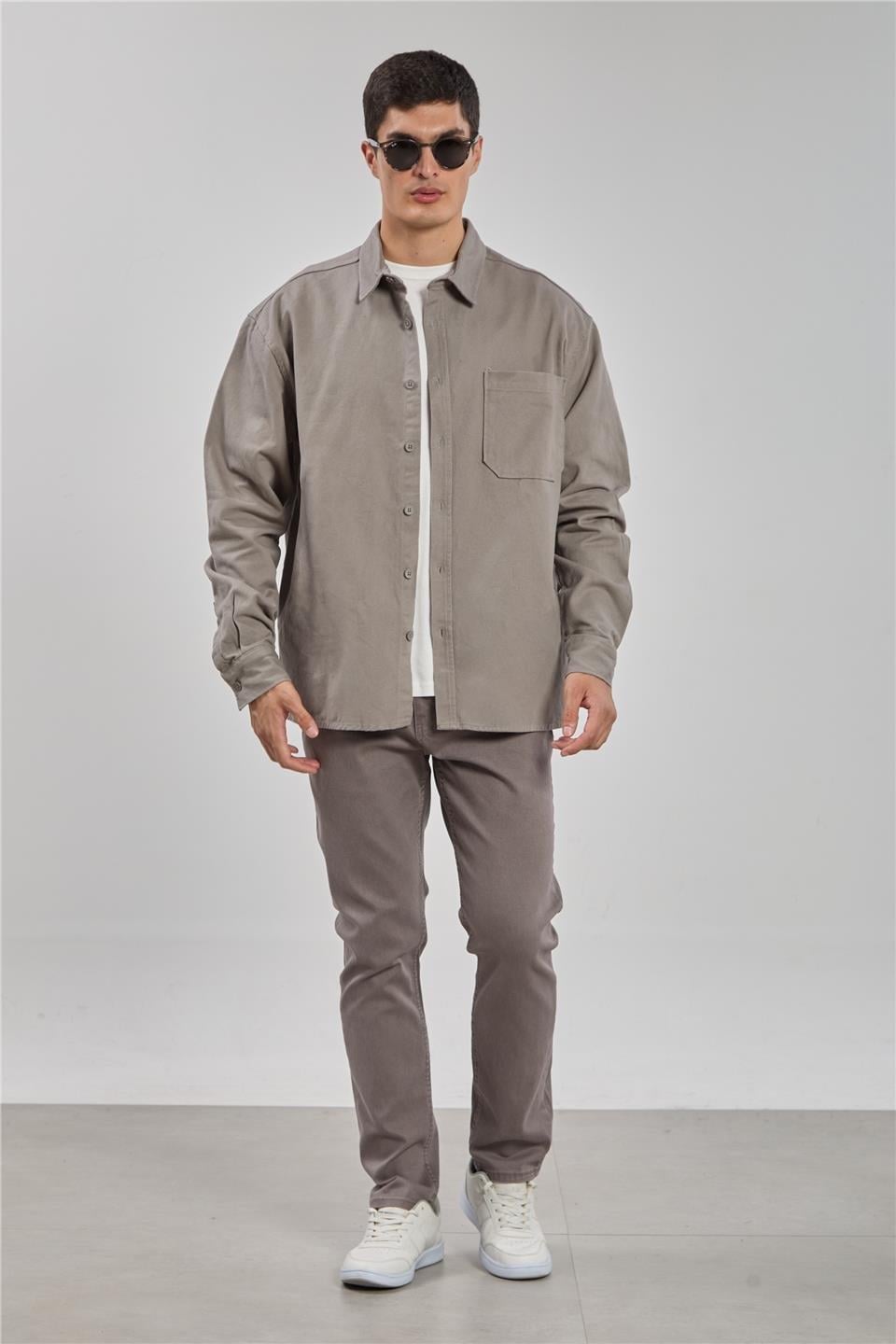 Gabardin uzun kol gömlek-9059 - Gri