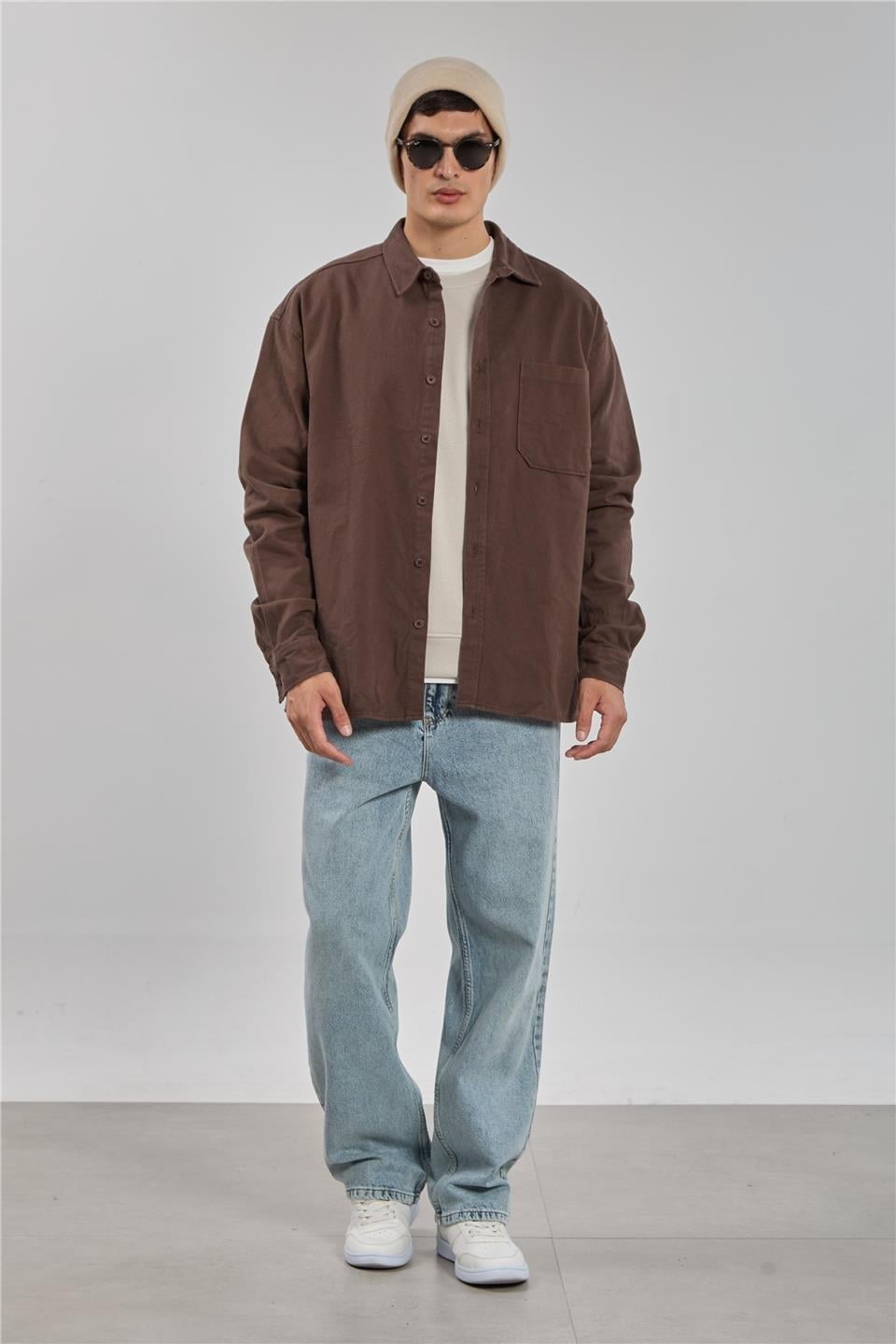 Gabardin uzun kol gömlek-9059 - Kahve