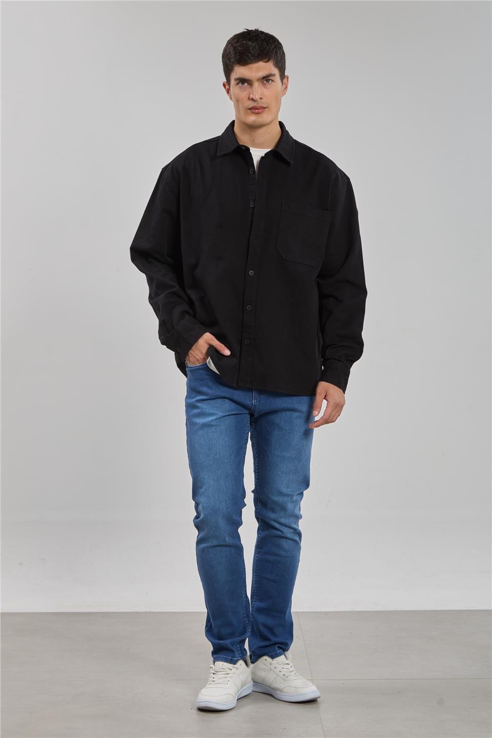 Gabardin uzun kol gömlek-9059 - Siyah