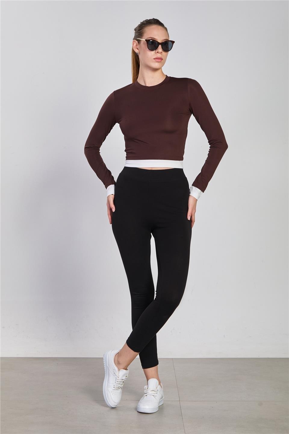 Garnili uzun kol body-2564 - Kahve