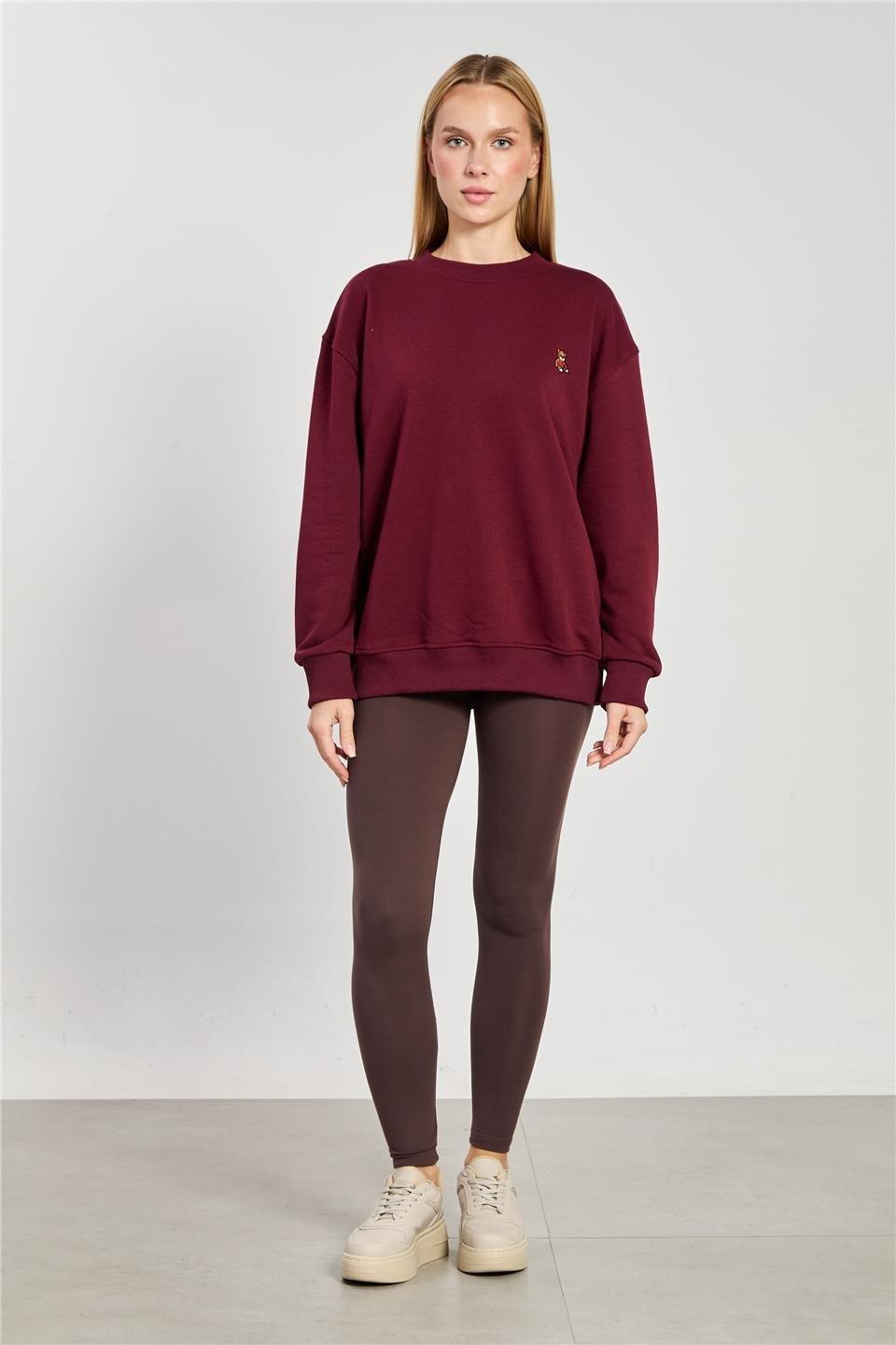 Göğsü ayı nakışlı sweatshirt-10659 - Bordo