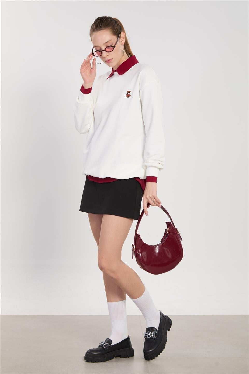 Göğsü ayı nakışlı sweatshirt-10659 - Ekru