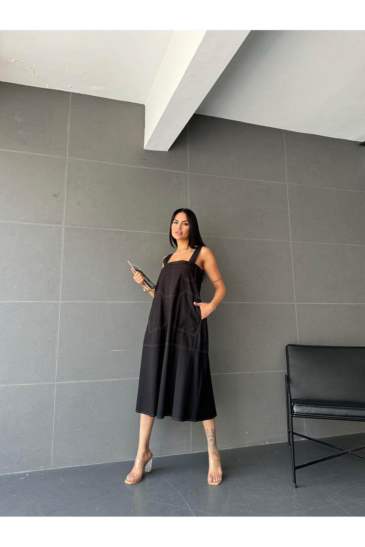 KALIN ASKILI UZUN ELBİSE-4069 - SİYAH