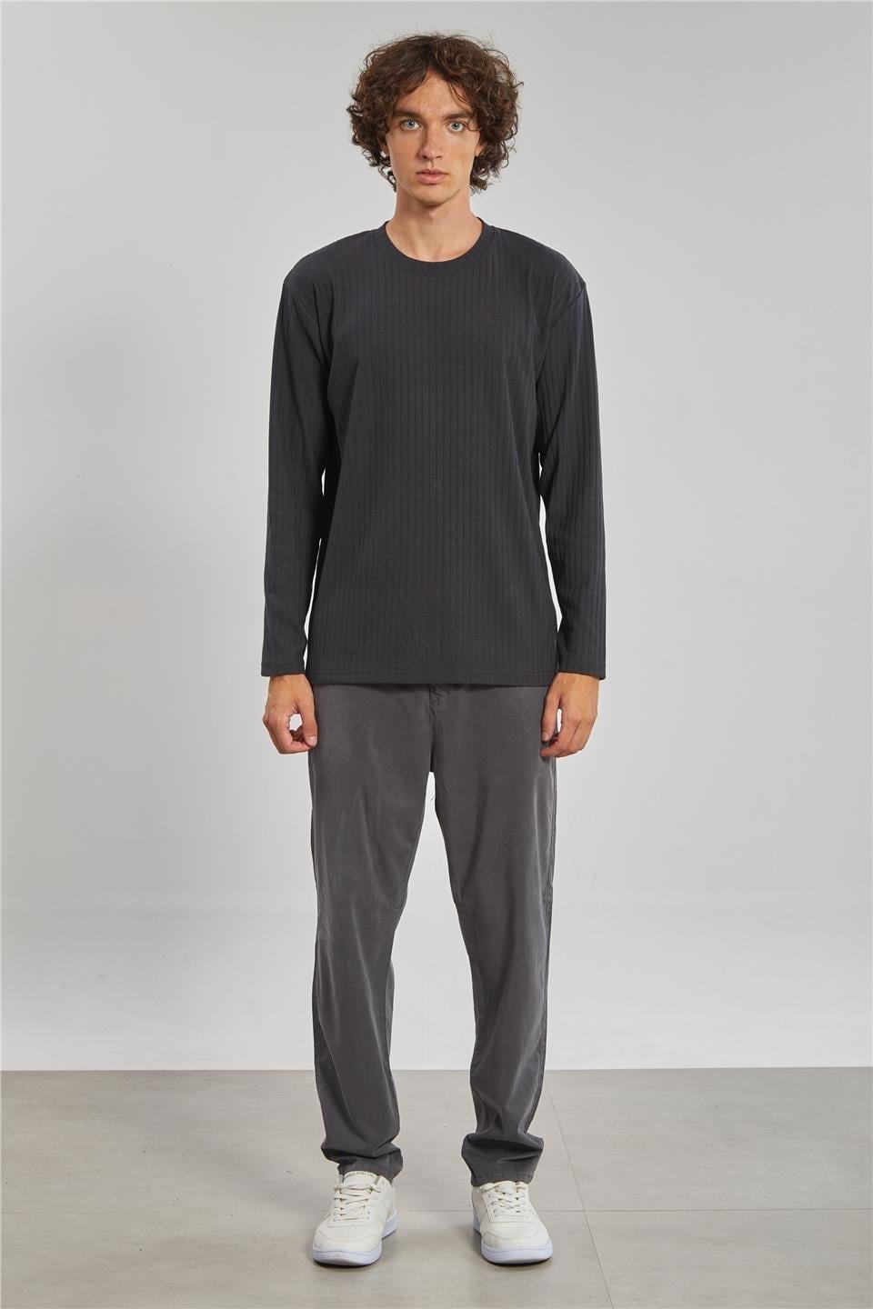 Kalın çizgili kaşkorse sweatshirt-1255 - Antrasit